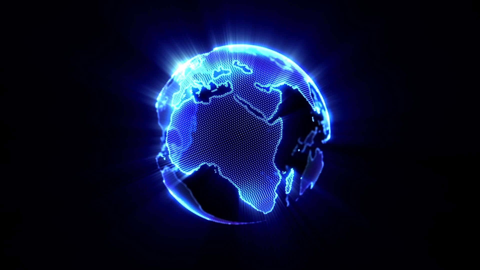 3d Earth 桌布 壁紙 — 一個發光的藍色數位地球儀，帶有像素化的大陸，在黑色背景上散發光芒。