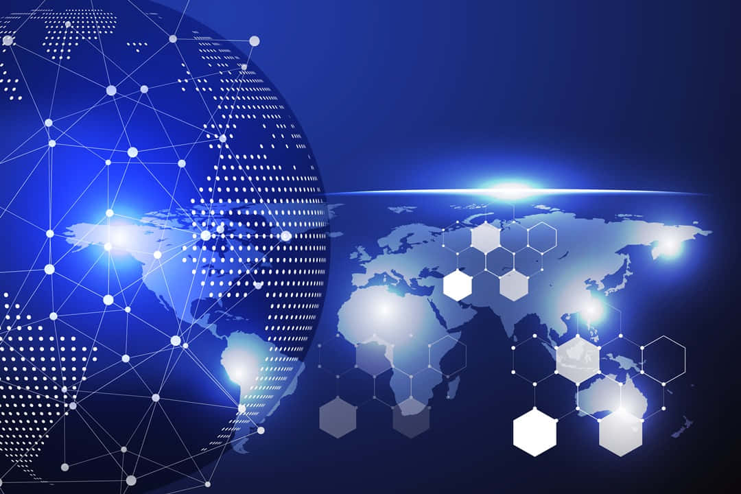 Global 桌布 壁紙 — 一個發光的藍色數位地球儀，帶有相互連接的節點和六邊形，漂浮在深藍色背景的世界地圖上方。