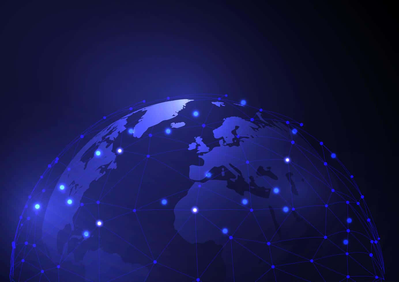 Global 桌布 壁紙 — 一個發光的藍色數位地球儀，帶有相互連接的點和線，象徵著黑暗背景下的全球網絡。