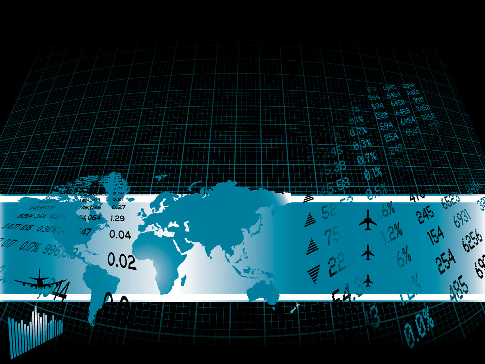 Stock Market 桌布 壁紙 — 一個發光的藍色數位地球儀在深色網格背景上顯示全球金融數據，帶有浮動數字和飛機圖示。