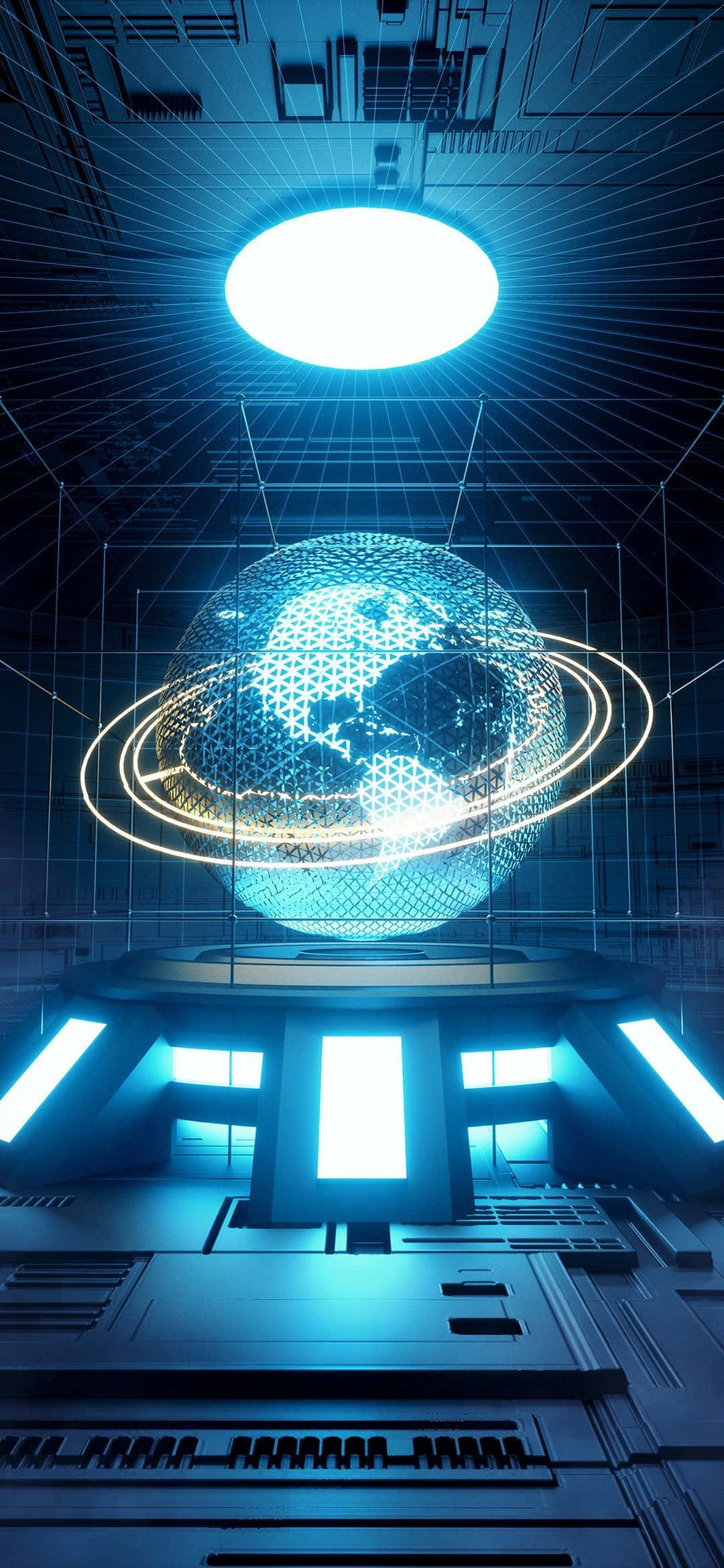 3d Technology 桌布 壁紙 — 一個發光的藍色數位地球懸浮在充滿霓虹燈和網格線的未來高科技控制室中。