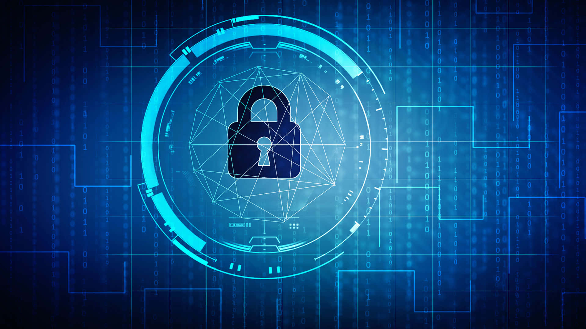 security 桌布 壁紙 — 一個發光的藍色數位鎖圖示，位於未來感HUD介面中央，背景是層疊的二進位代碼。