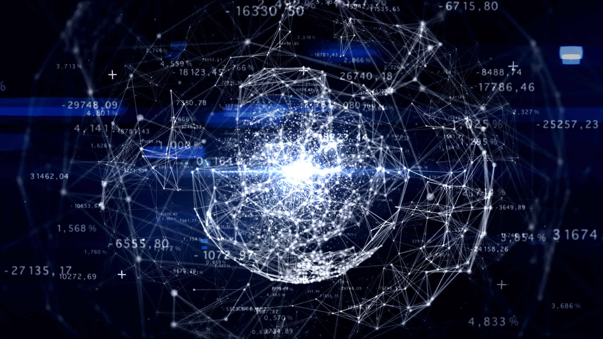 Numbers 桌布 壁紙 — 一個發光的藍色數據球在黑暗的數位背景下脈動，帶有相互連接的節點和浮動的數字。