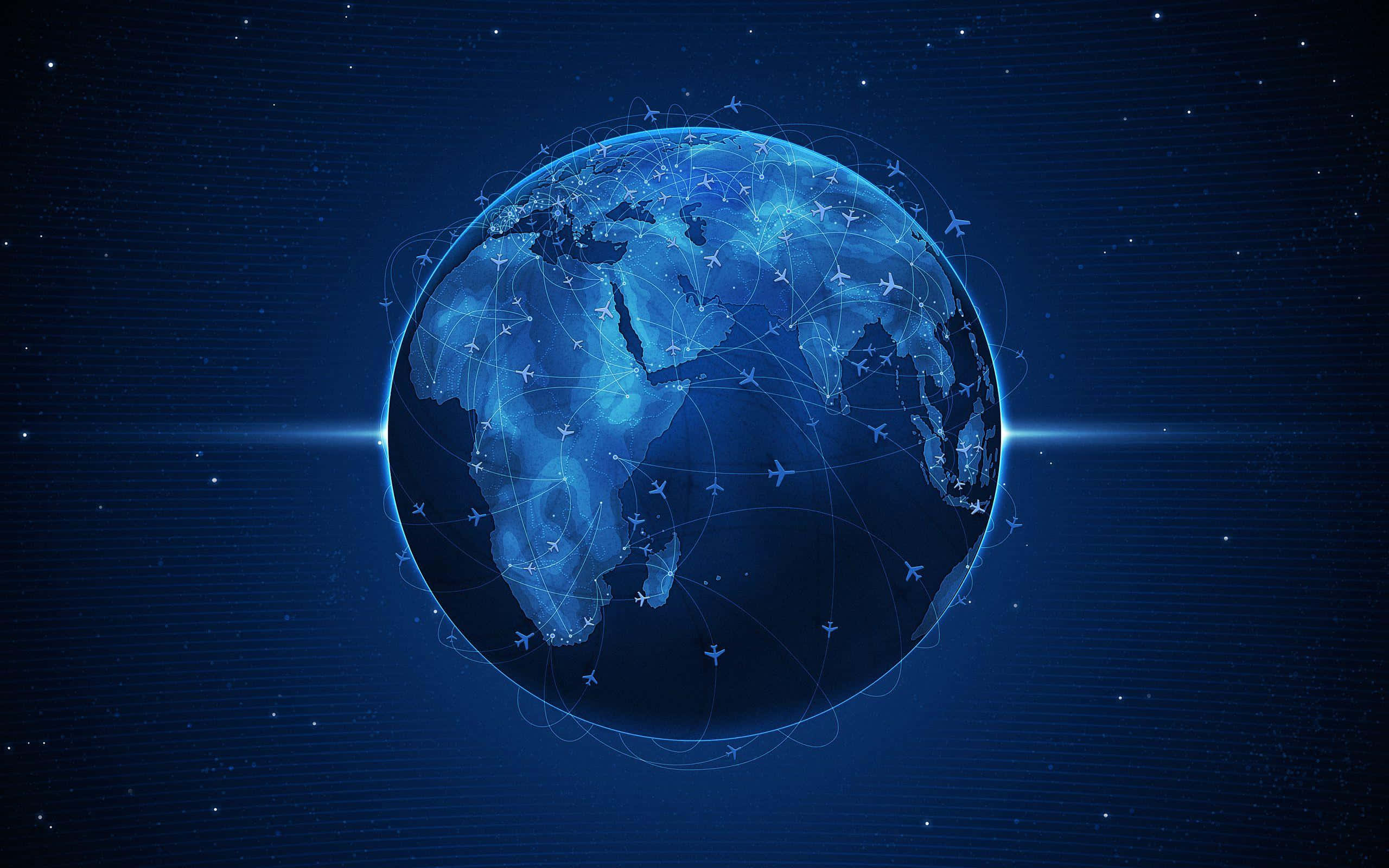 Global 桌布 壁紙 — 一個發光的藍色數碼地球儀，周圍環繞著發光的飛行路線和飛機，背景是星光燦爛的宇宙。