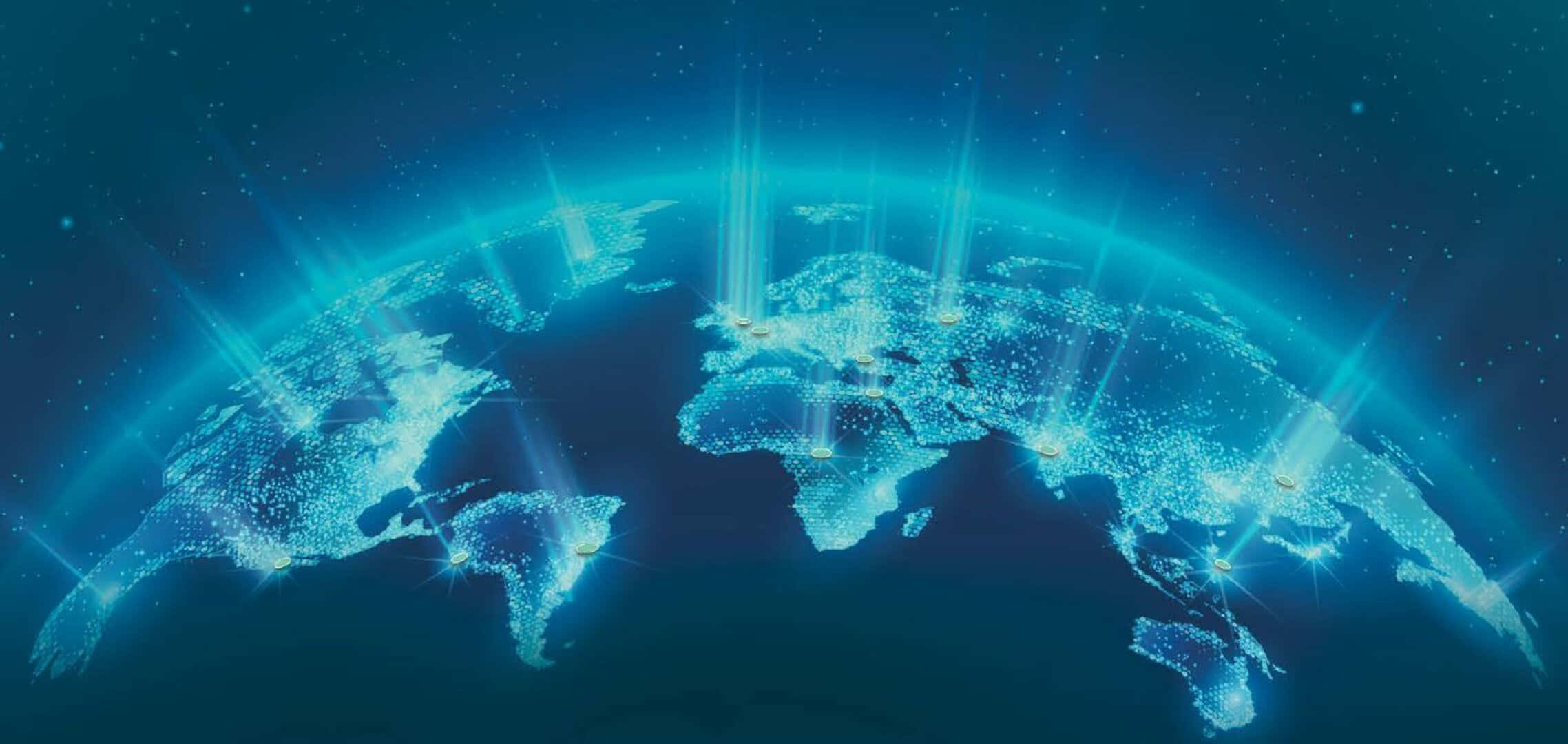 World 桌布 壁紙 — 一個發光的藍色數碼地球儀，帶有明亮的光束，在未來主義的太空環境中連接各大洲。