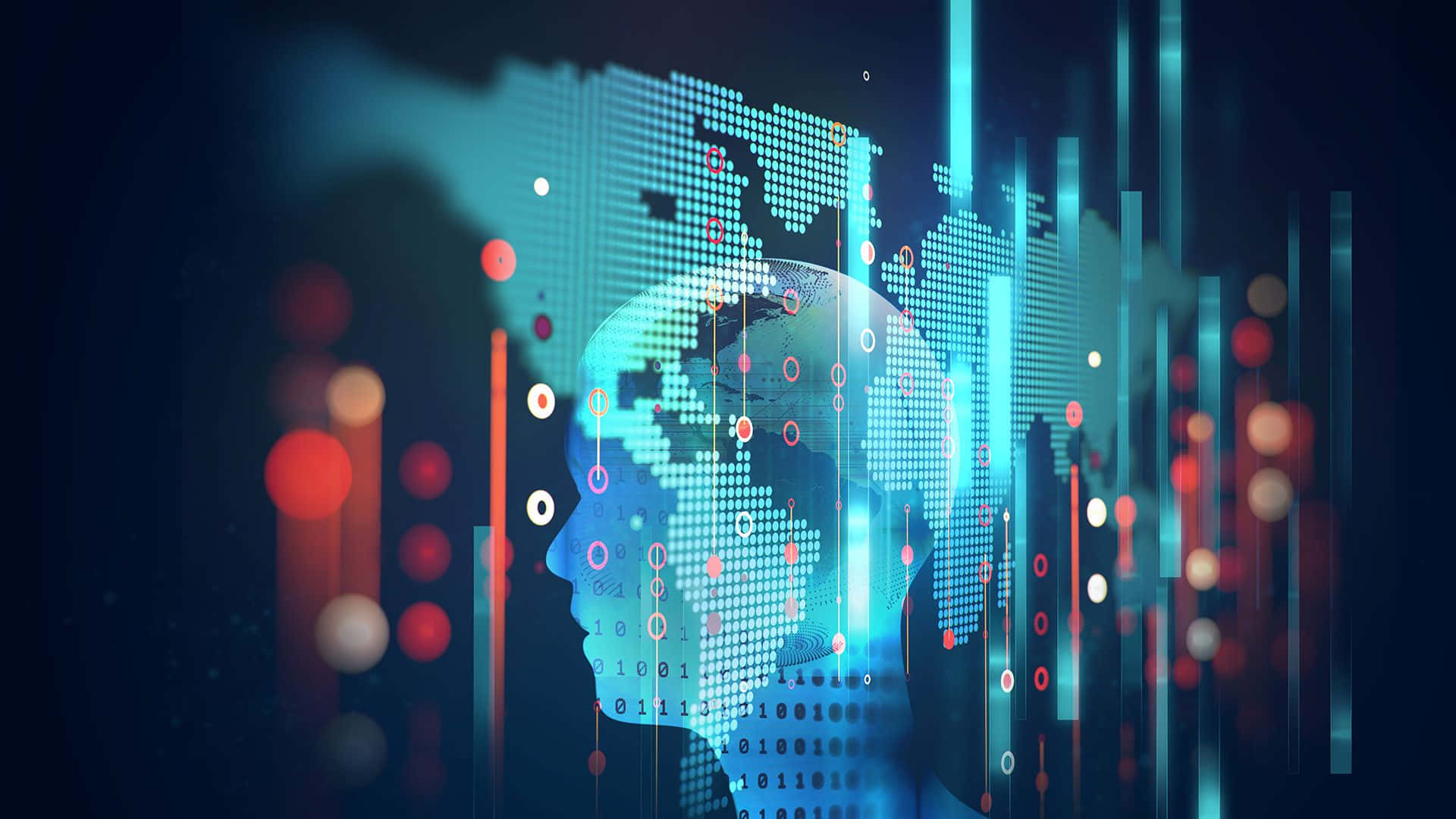 AI 桌布 壁紙 — 一個發光的藍色數碼大腦剪影，疊加在像素化的世界地圖上，並帶有浮動的數據流和散景燈光。