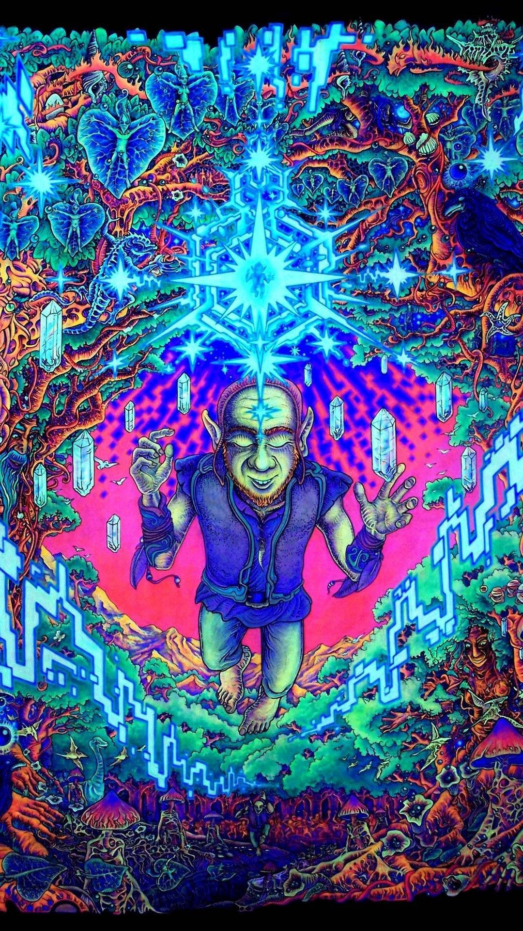 迷幻 桌布 壁紙 — 一個發光的藍色星爆從中央人物輻射出來，周圍環繞著迷幻植物和晶體結構，呈現鮮豔的霓虹色調。