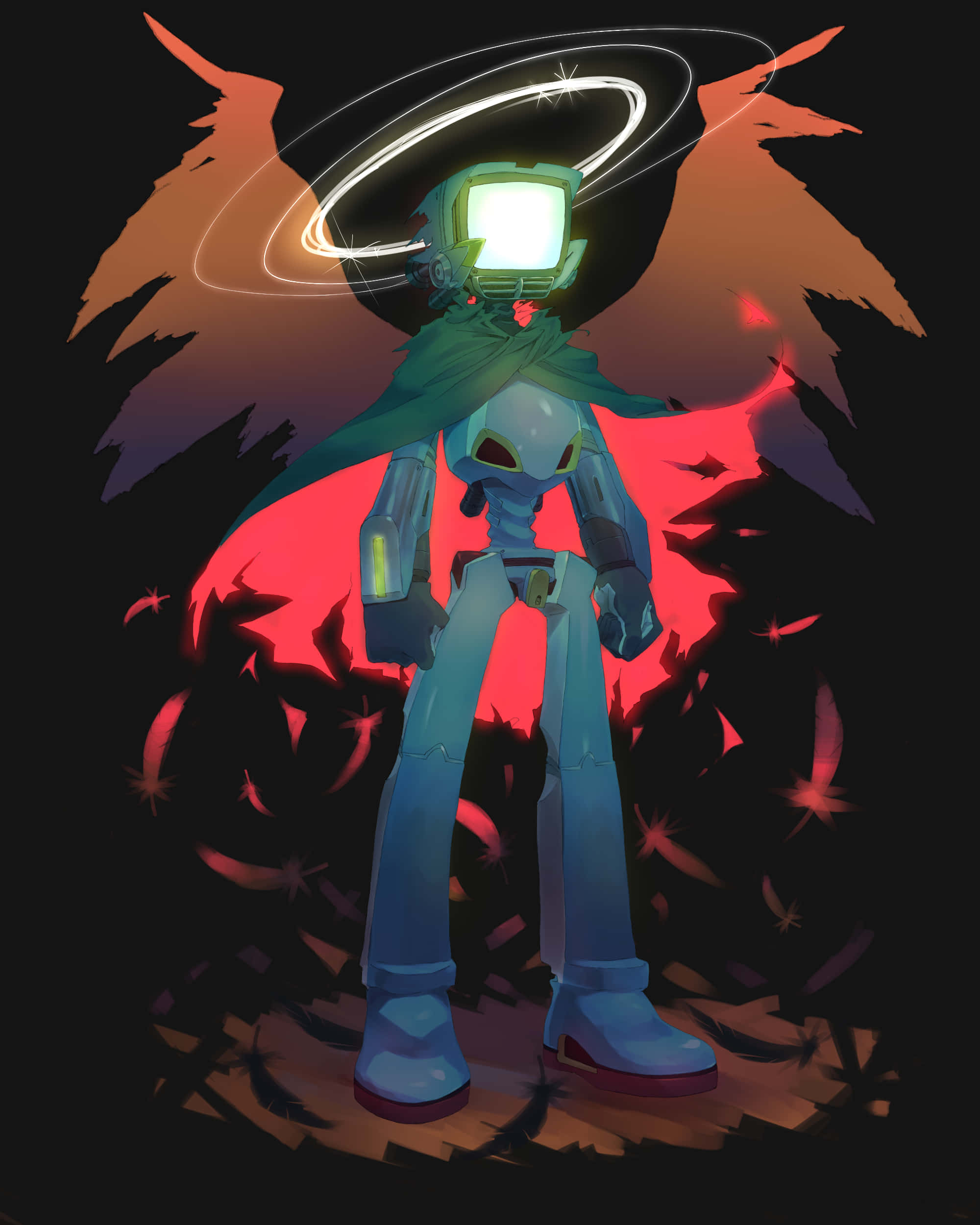Flcl Canti 桌布 壁紙 — 一個發光的藍色機械人，頭部是電視屏幕並帶有光環，站在黑暗背景中，周圍是火紅的翅膀和飄浮的火花。