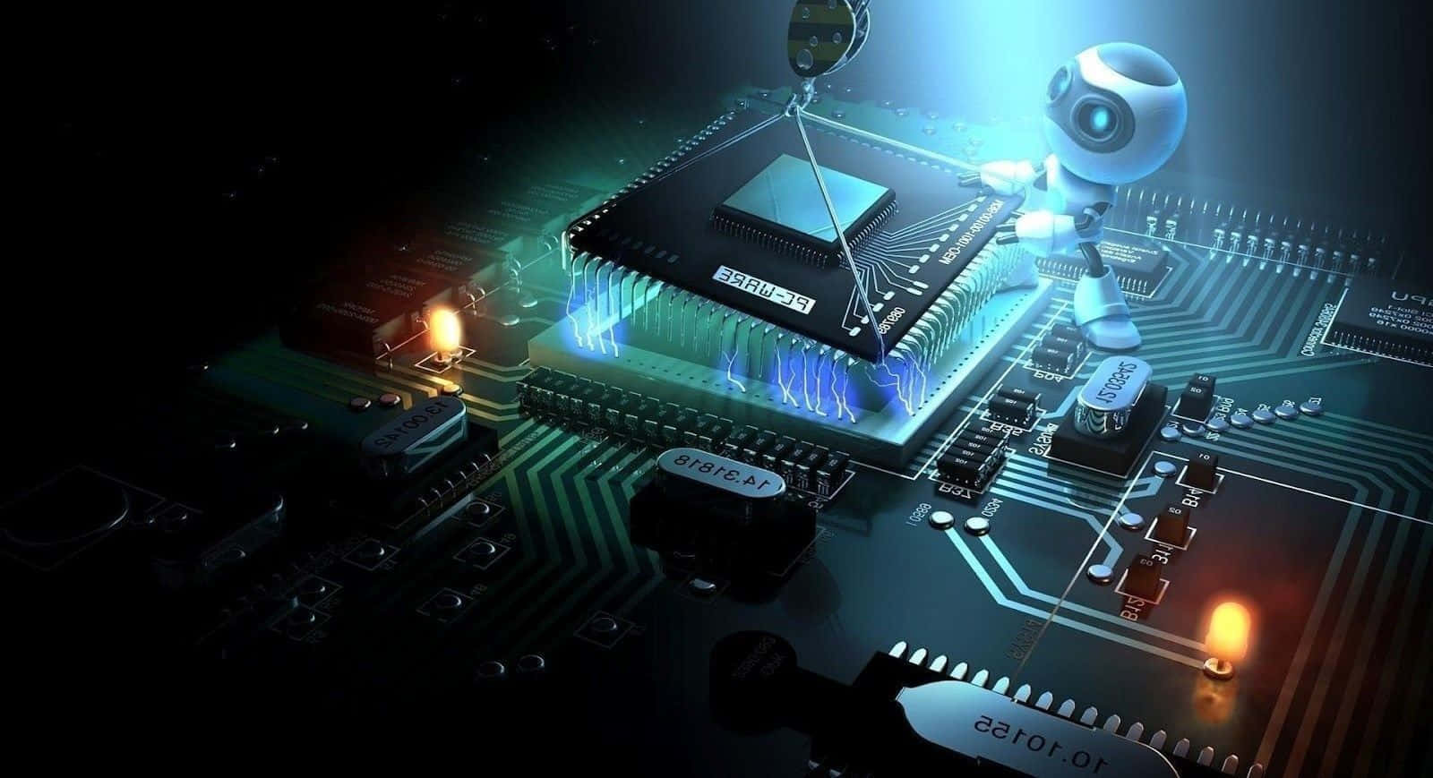 Information Technology 桌布 壁紙 — 一個發光的藍色機械人企喺一個詳細嘅電路板上，上面有發光嘅組件同發光嘅電線。