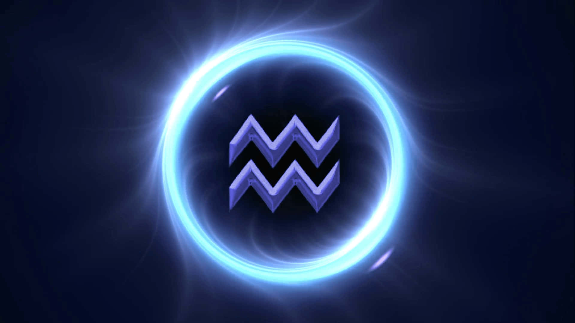aquarius 桌布 壁紙 — 一個發光的藍色水瓶座星座符號，位於黑暗宇宙背景中一個放射性的圓形光環中心。