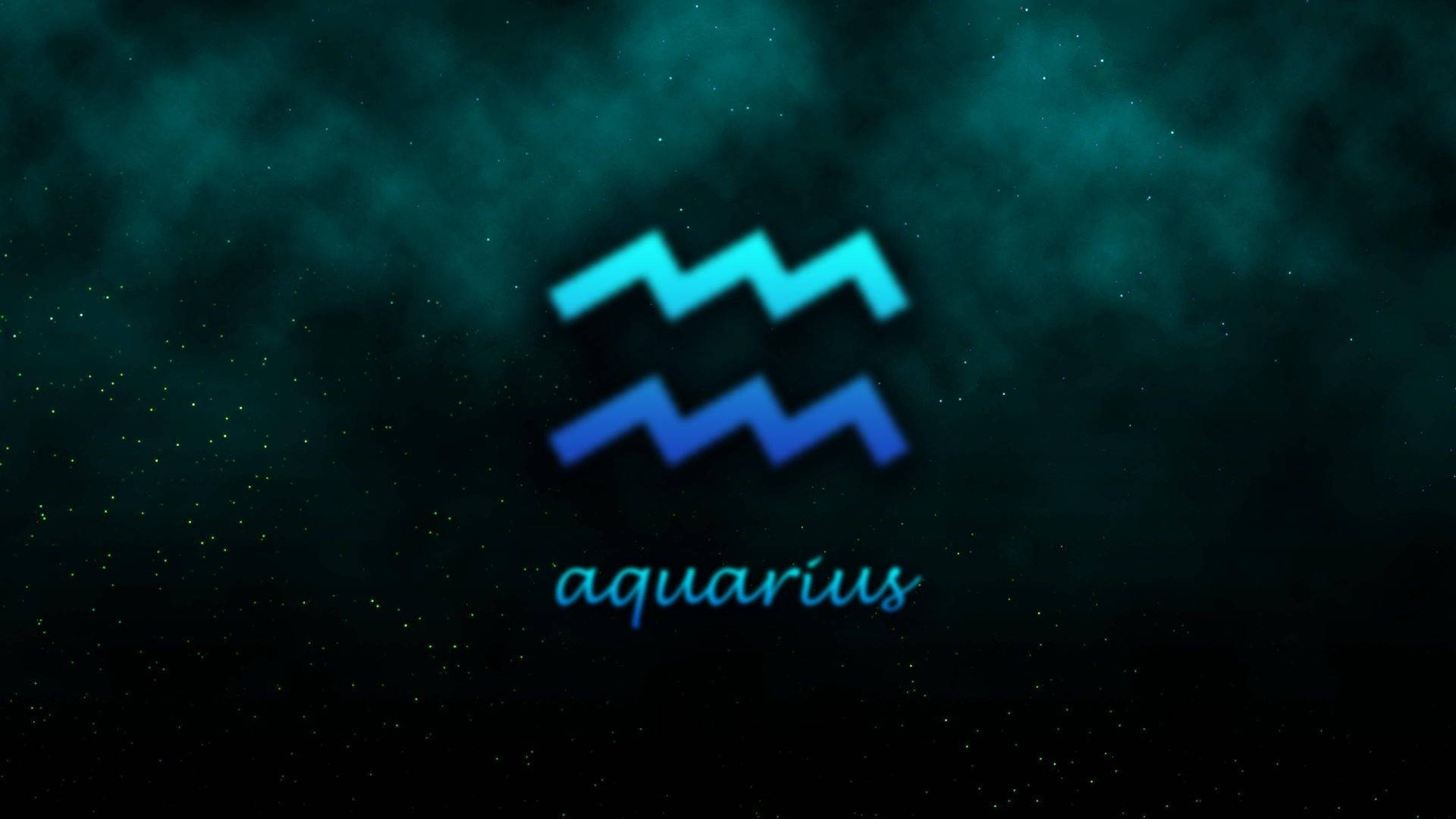 星座 桌布 壁紙 — 一個發光的藍色水瓶座星座符號漂浮在點綴著星星的深青色宇宙背景上。