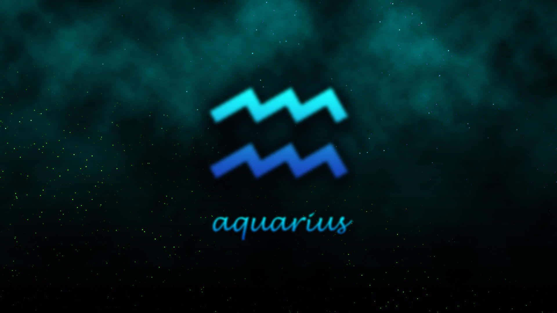 aquarius 桌布 壁紙 — 一個發光的藍色水瓶座星座符號漂浮在繁星點點的藍綠色宇宙背景上。