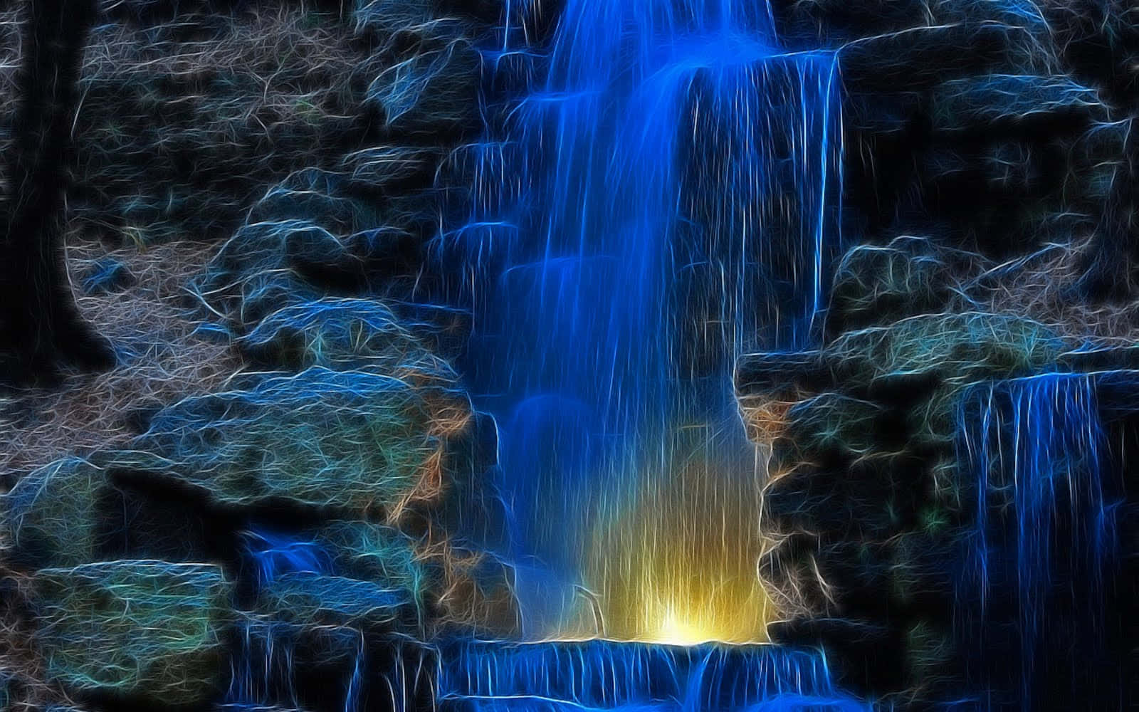 3d Waterfall 桌布 壁紙 — 一個發光的藍色瀑布流過黑暗的岩石，底部有金色光芒，呈現風格化的數位場景。