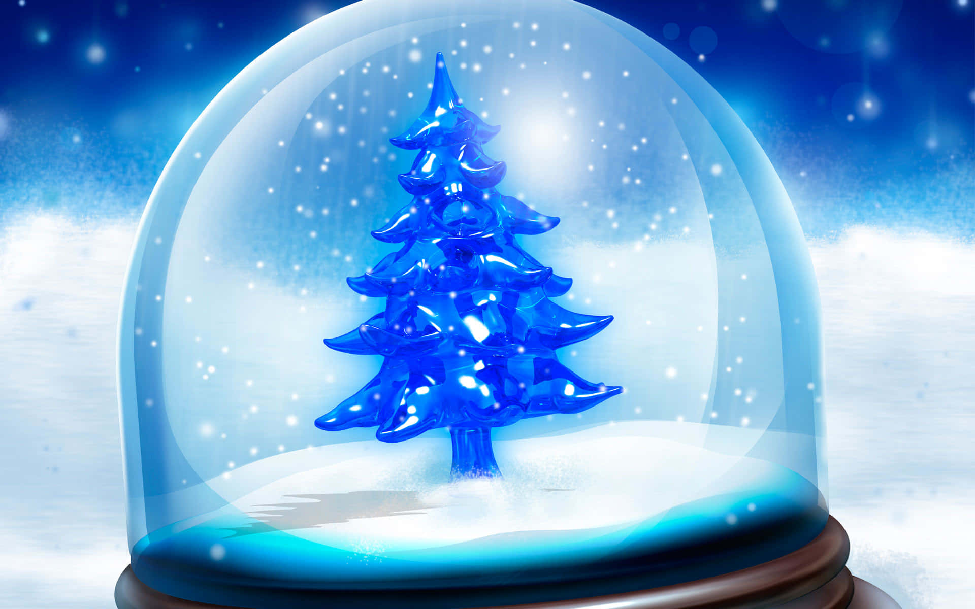 3d Christmas 桌布 壁紙 — 一個發光的藍色玻璃聖誕樹在雪球內，雪花飄落，背景是星空冬夜。