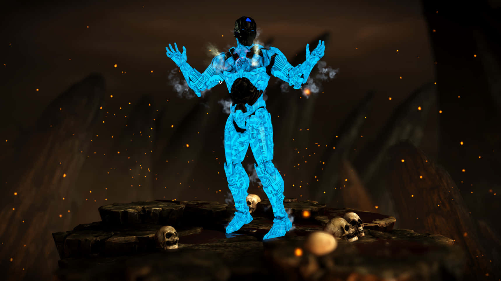 Mortal Kombat Triborg 桌布 壁紙 — 一個發光的藍色盔甲人物，在滿是頭骨的懸崖上勝利地站立，背景是黑暗的星空。