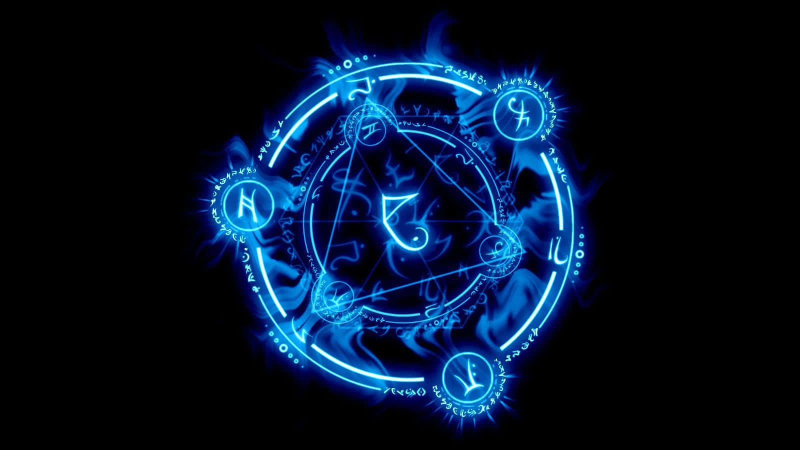 魔法 桌布 壁紙 — 一個發光的藍色神秘圓圈，帶有奧術符號和旋轉能量，背景為黑色。