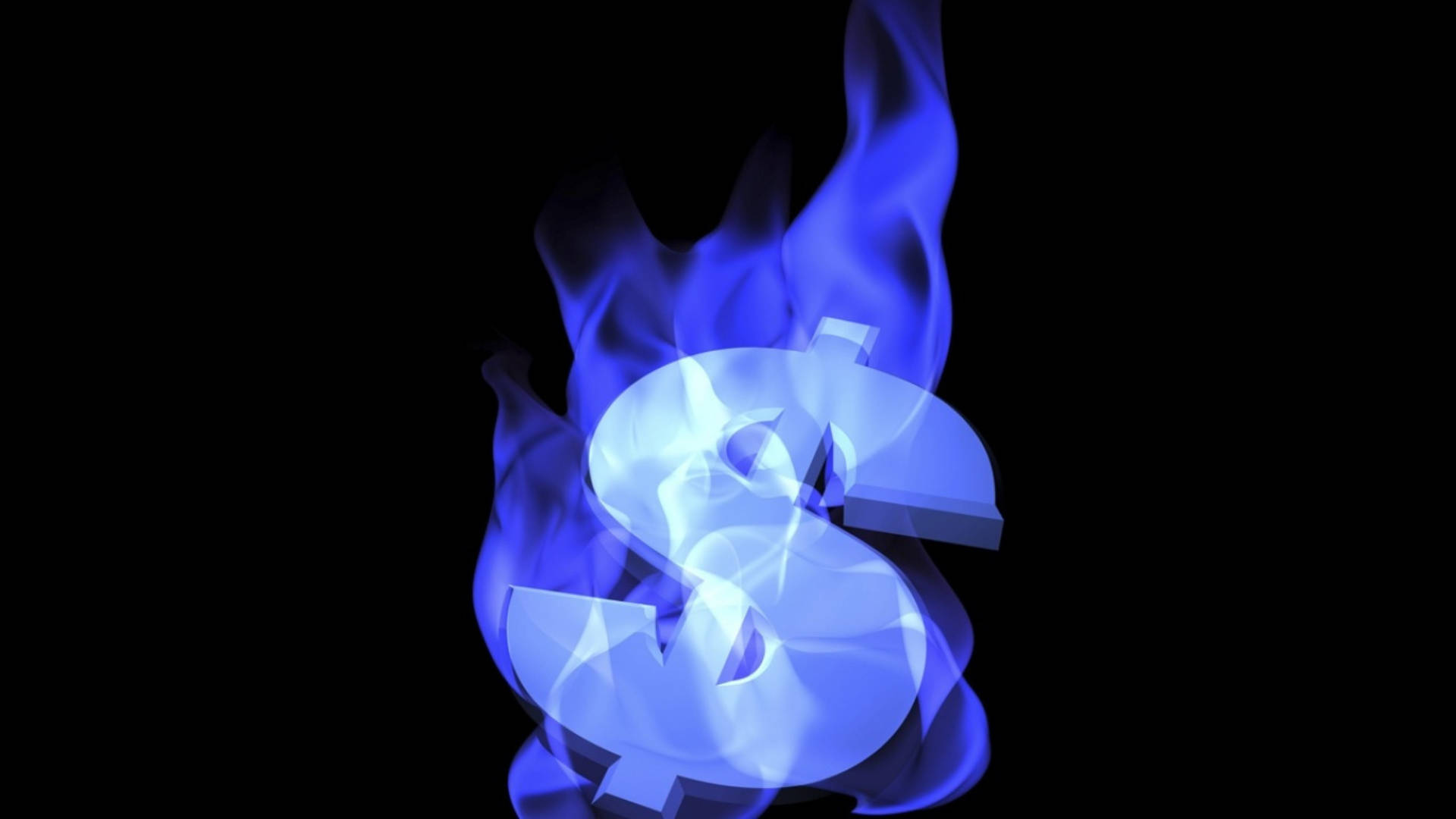 Flames 桌布 壁紙 — 一個發光的藍色美元符號，被鮮豔的藍色火焰包圍，背景是純黑色。