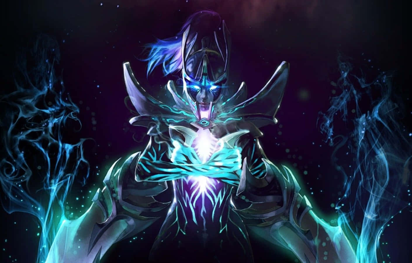 Phantom Assassin 桌布 壁紙 — 一個發光的藍色裝甲戰士，擁有發光的眼睛和圍繞他們旋轉的能量，背景是黑暗的宇宙。