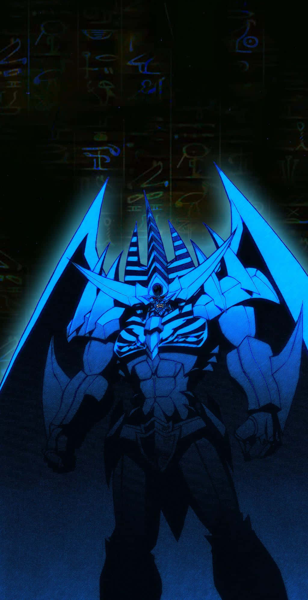 Obelisk The Tormentor 桌布 壁紙 — 一個發光的藍色裝甲戰士，擁有鋒利的翅膀和象形文字，站在陰暗的黑暗中。