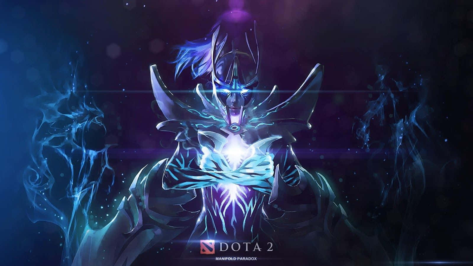 Dota 桌布 壁紙 — 一個發光的藍色裝甲英雄，擁有發光的眼睛和圍繞他們旋轉的能量，背景是黑暗的宇宙。