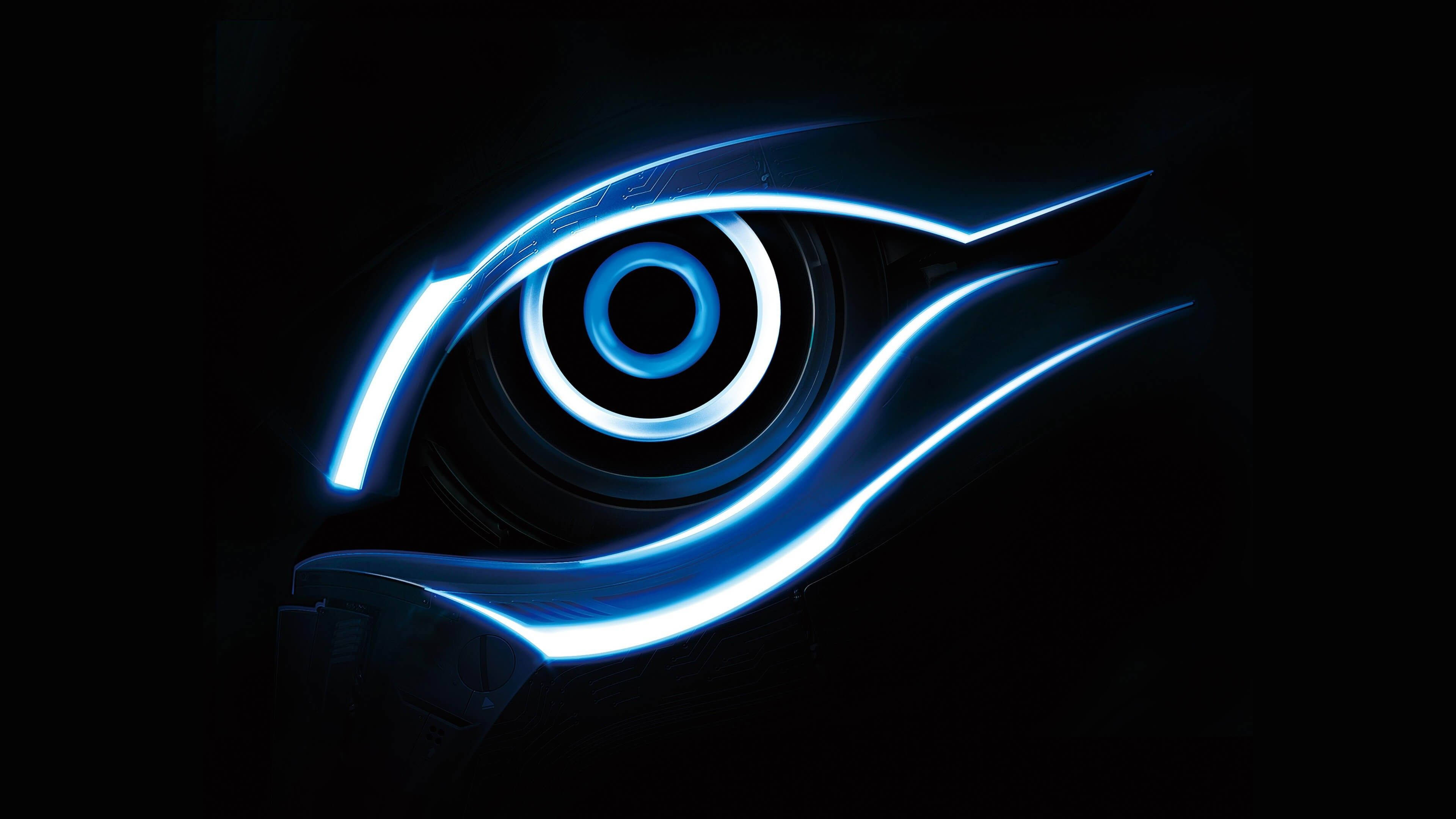 Nvidia Eye Gigabyte 壁紙 — 一個發光的藍色賽博義眼，帶有霓虹環和銳利線條，置於漆黑背景上。