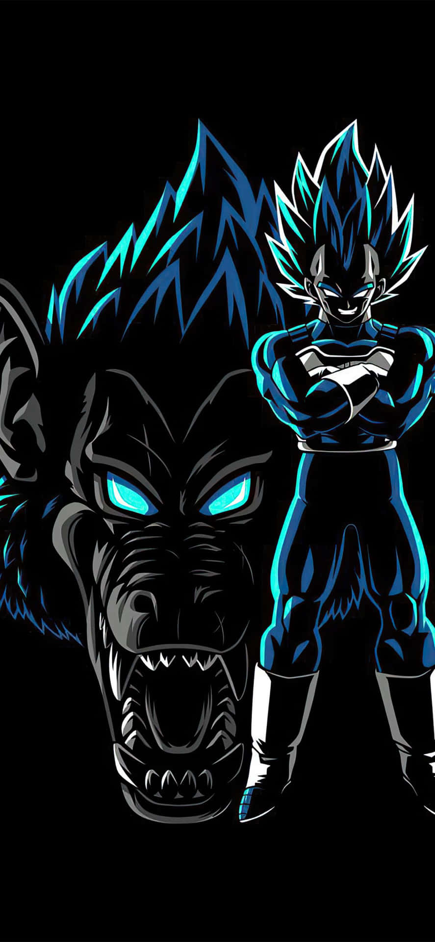 Dragon Ball iPhone 桌布 壁紙 — 一個發光的藍色超級賽亞人神比達自信地站在一隻咆哮的黑色猩猩旁邊，猩猩的眼睛發出藍光，背景是黑暗的。