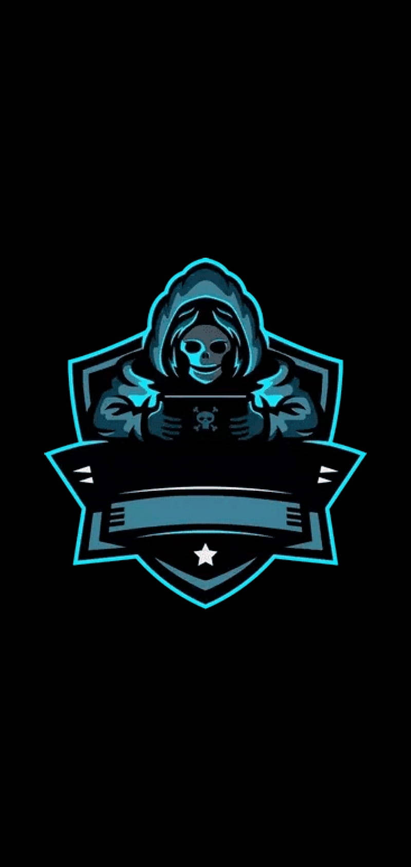 Blue Aesthetic Neon 桌布 壁紙 — 一個發光的藍色連帽骷髏，手持一個帶有盾牌紋章內骷髏標誌的平板電腦，背景為黑色。