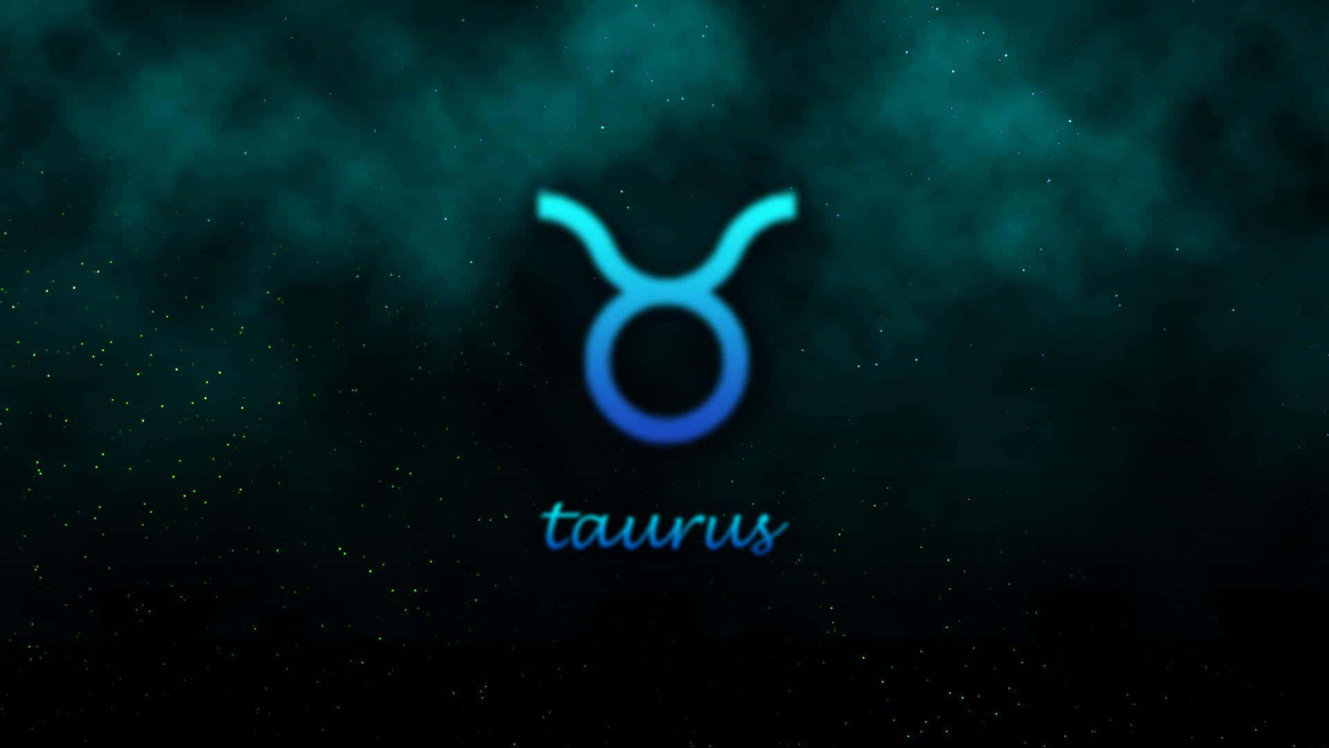 金牛座 桌布 壁紙 — 一個發光的藍色金牛座星座符號在深藍綠色星空宇宙背景中閃耀。