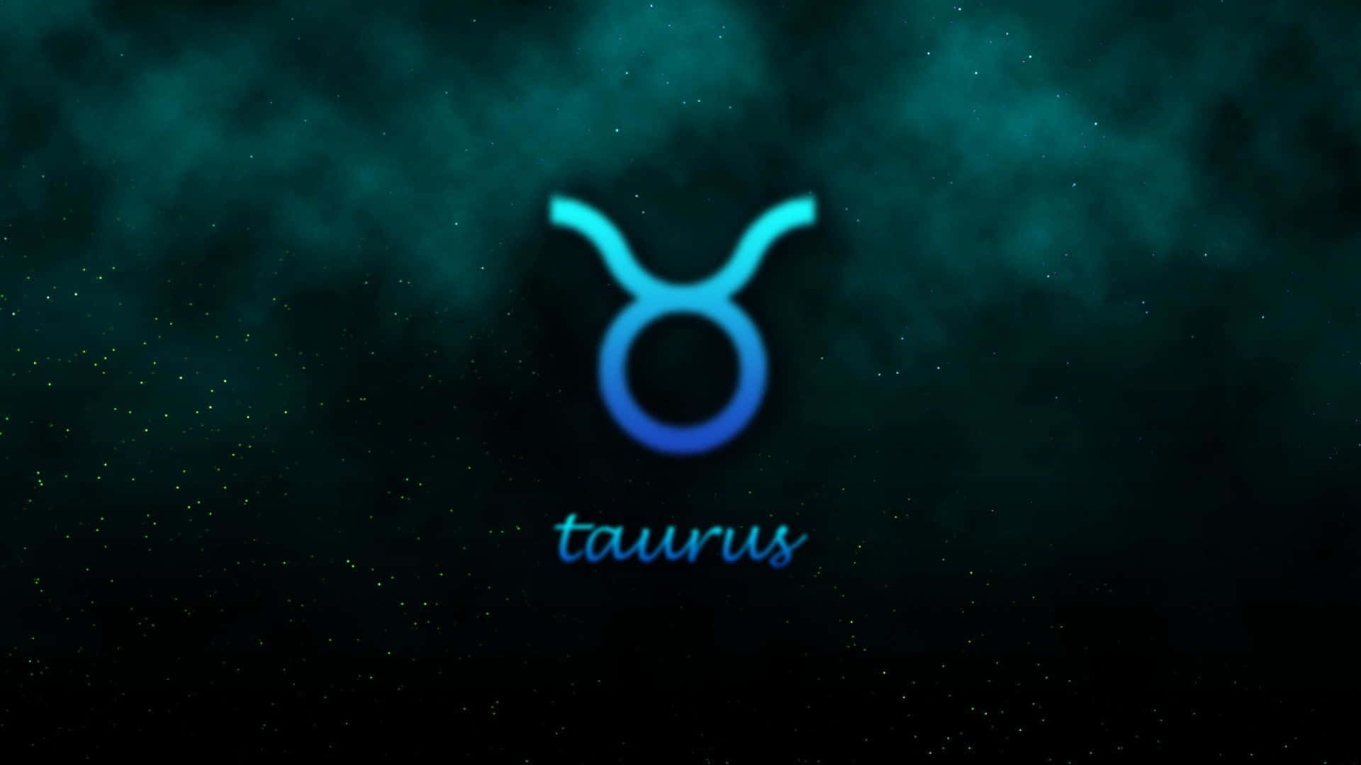 zodiac 桌布 壁紙 — 一個發光的藍色金牛座星座符號在點綴著星星的深色藍綠色宇宙背景上閃耀。