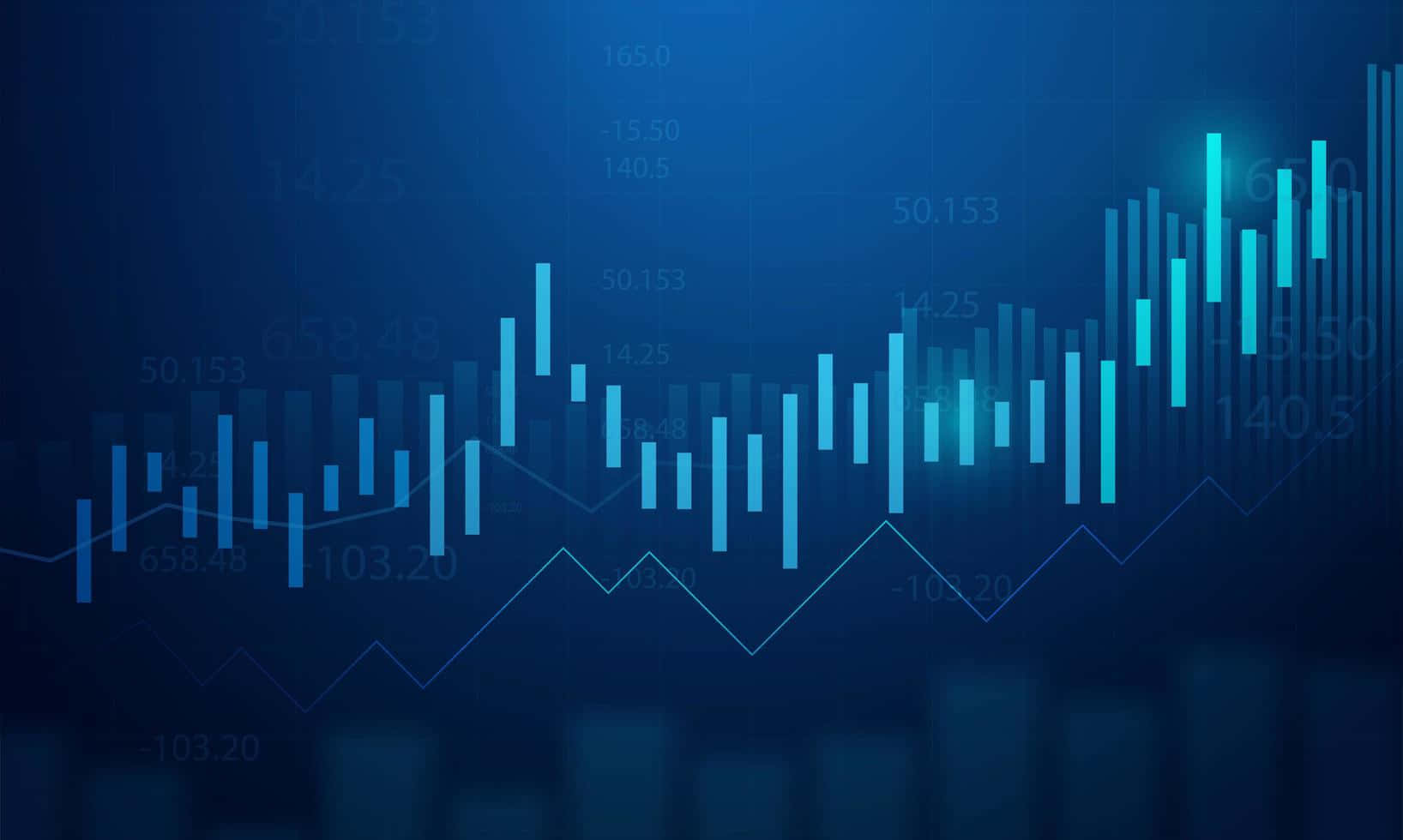Stock Market 桌布 壁紙 — 一個發光的藍色金融蠟燭圖在帶有微弱數字數據的深色漸變背景上急劇上升。