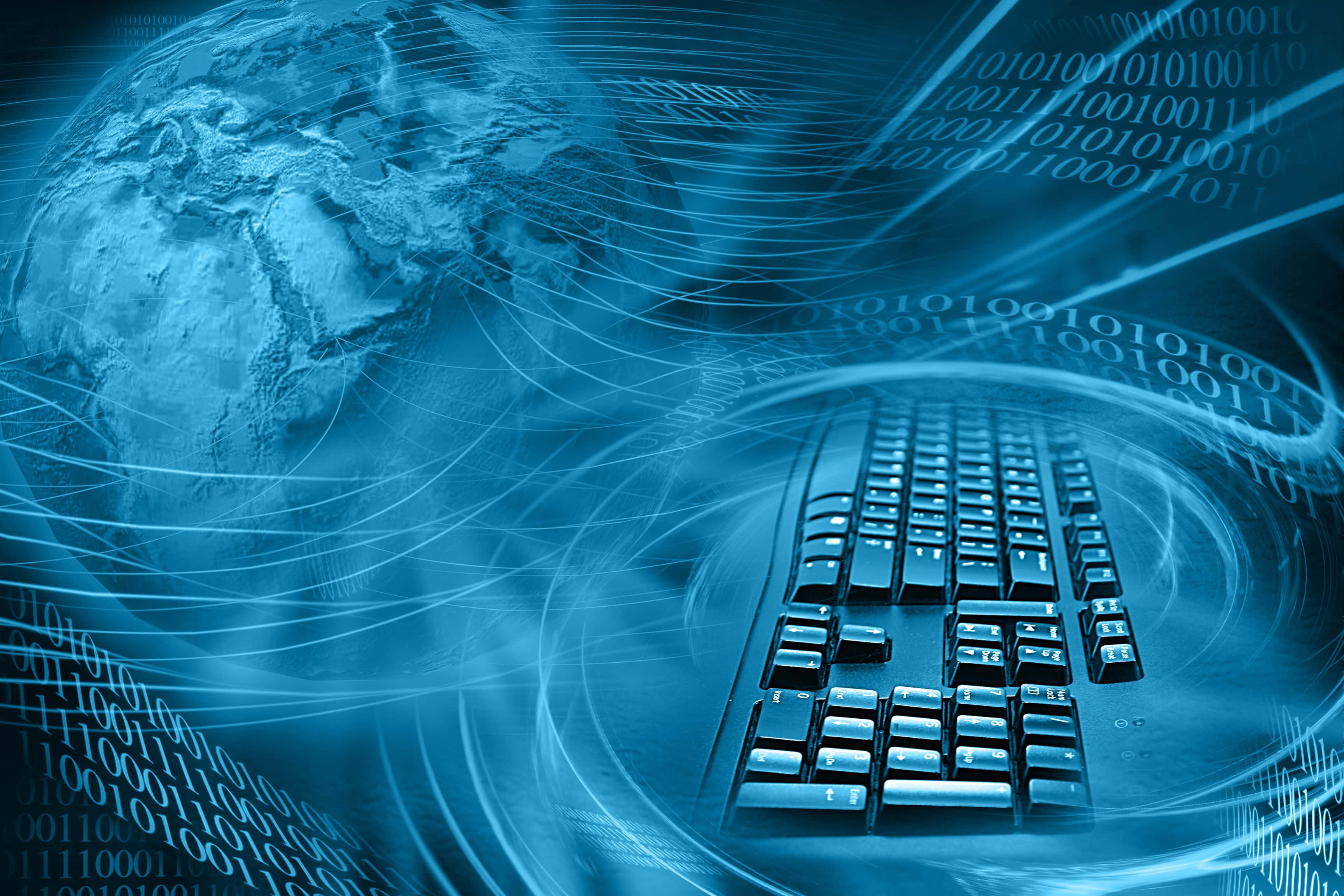 Data Management 桌布 壁紙 — 一個發光的藍色鍵盤，周圍環繞著旋轉的數據流和一個象徵全球連通性的數字地球。