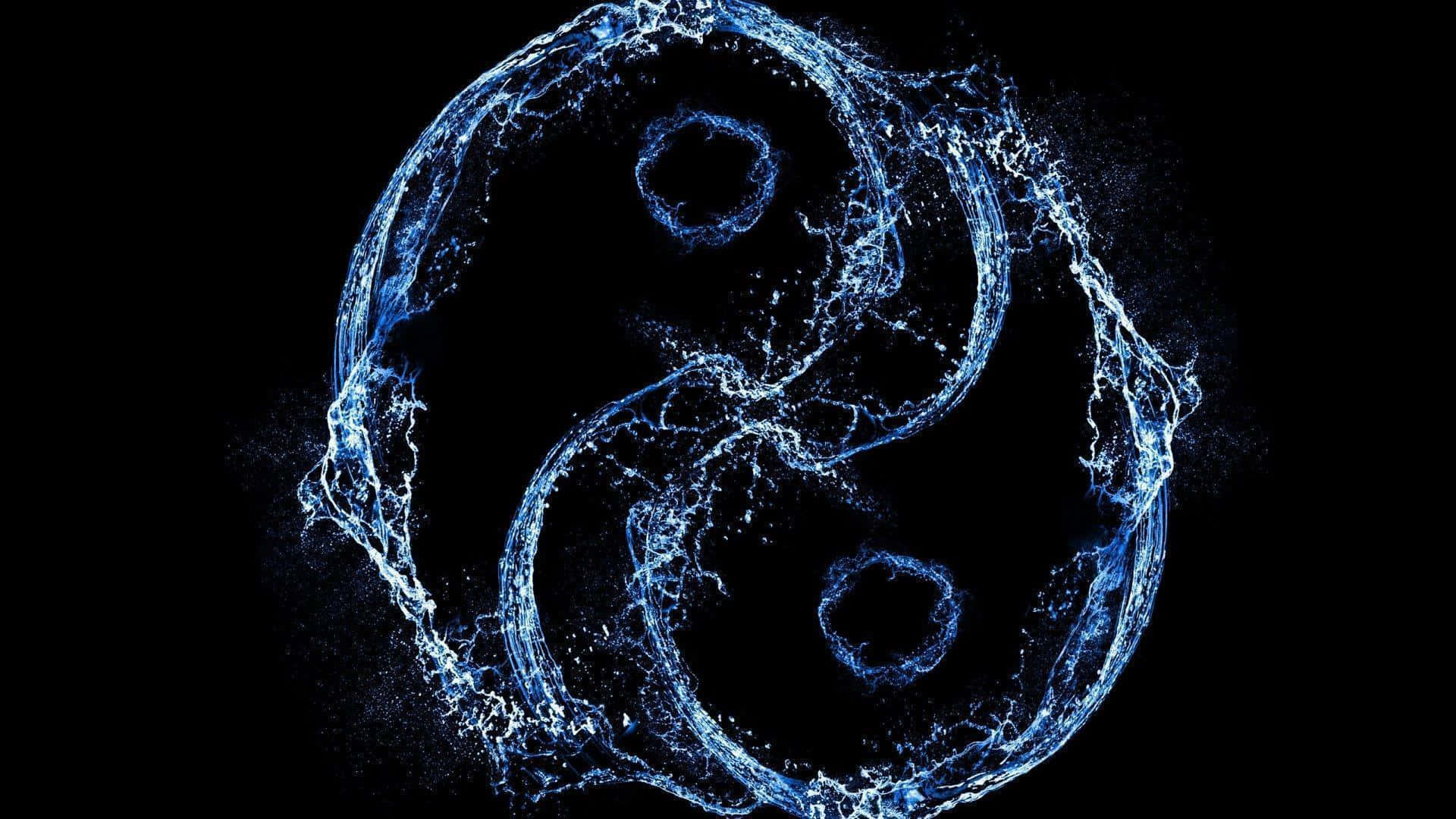Harmony 桌布 壁紙 — 一個發光的藍色陰陽符號，由動態水花在黑色背景上形成。