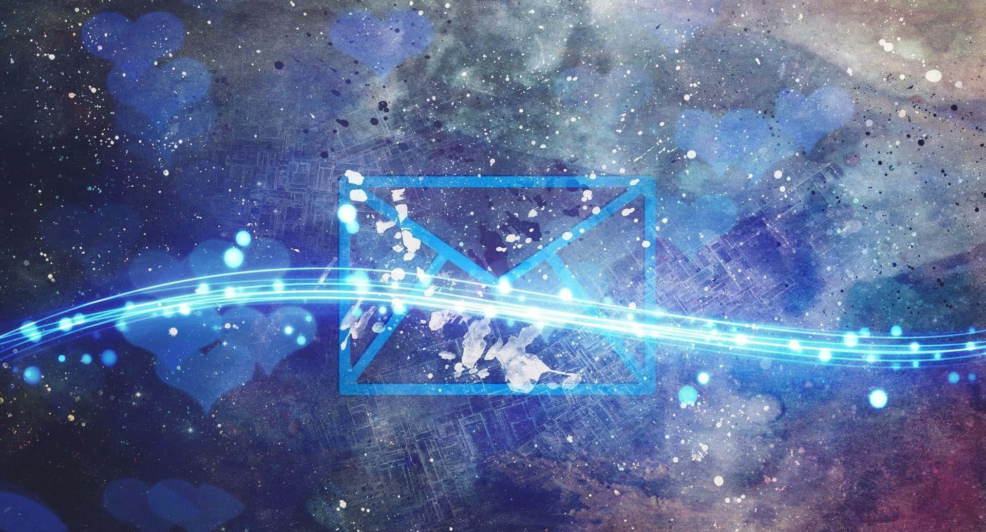Email 桌布 壁紙 — 一個發光的藍色電子郵件圖標漂浮在宇宙星雲中，伴隨著閃爍的粒子和心形散景光。