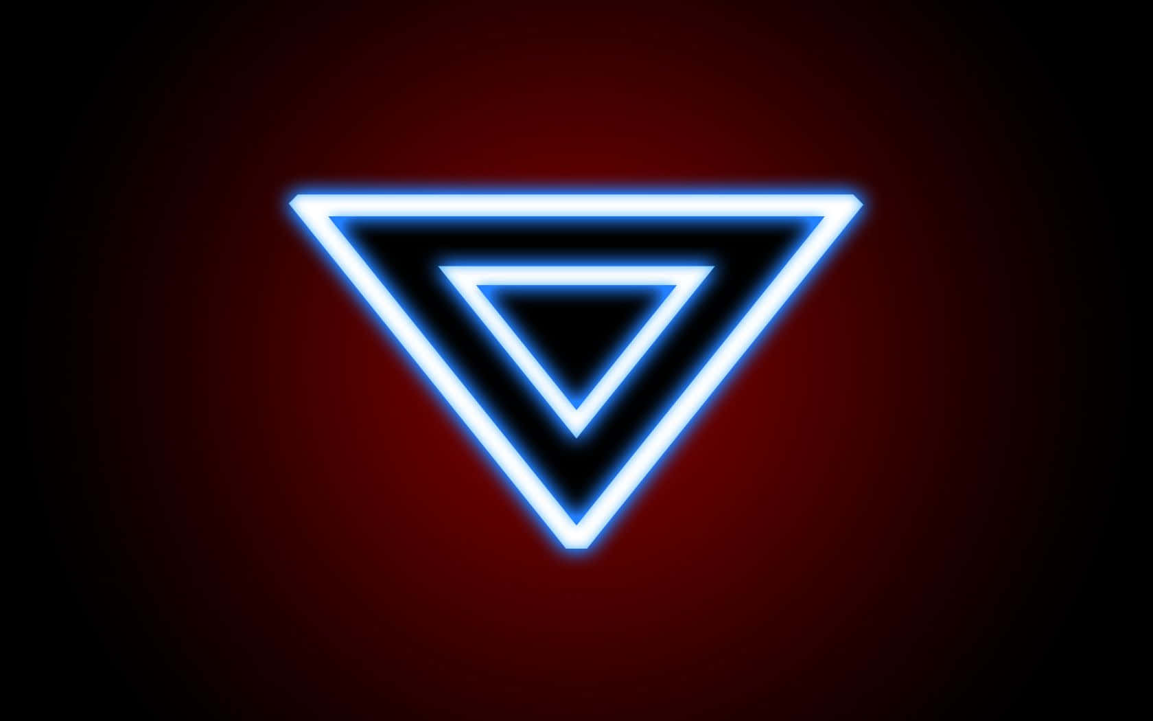Iron Man Arc Reactor 桌布 壁紙 — 一個發光的藍色霓虹三角形，內部嵌套著較小的三角形，在深紅色漸變背景上脈動。