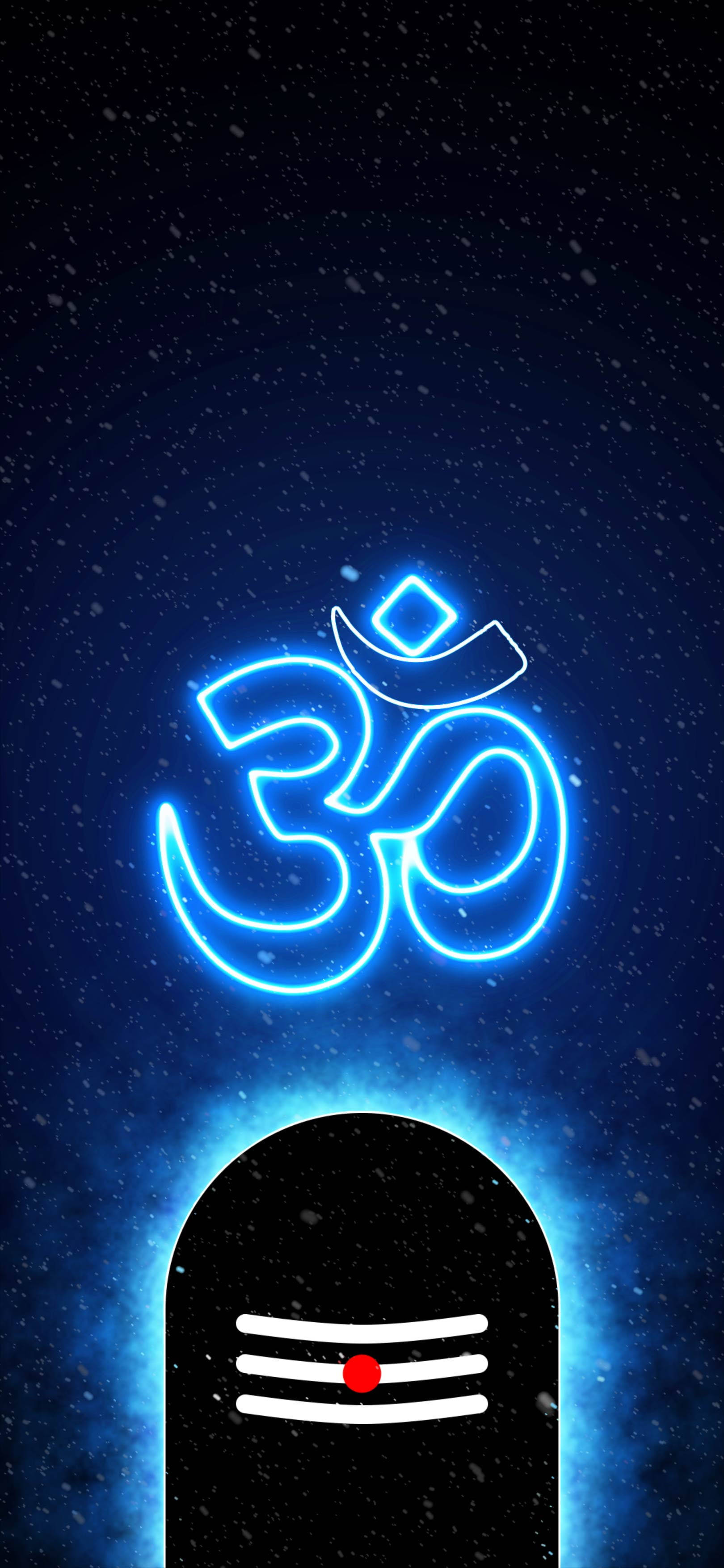 Hindu God 桌布 壁紙 — 一個發光的藍色霓虹燈 Om 符號漂浮在黑色 Shiva Lingam 上方，背景是星光燦爛的宇宙夜空。