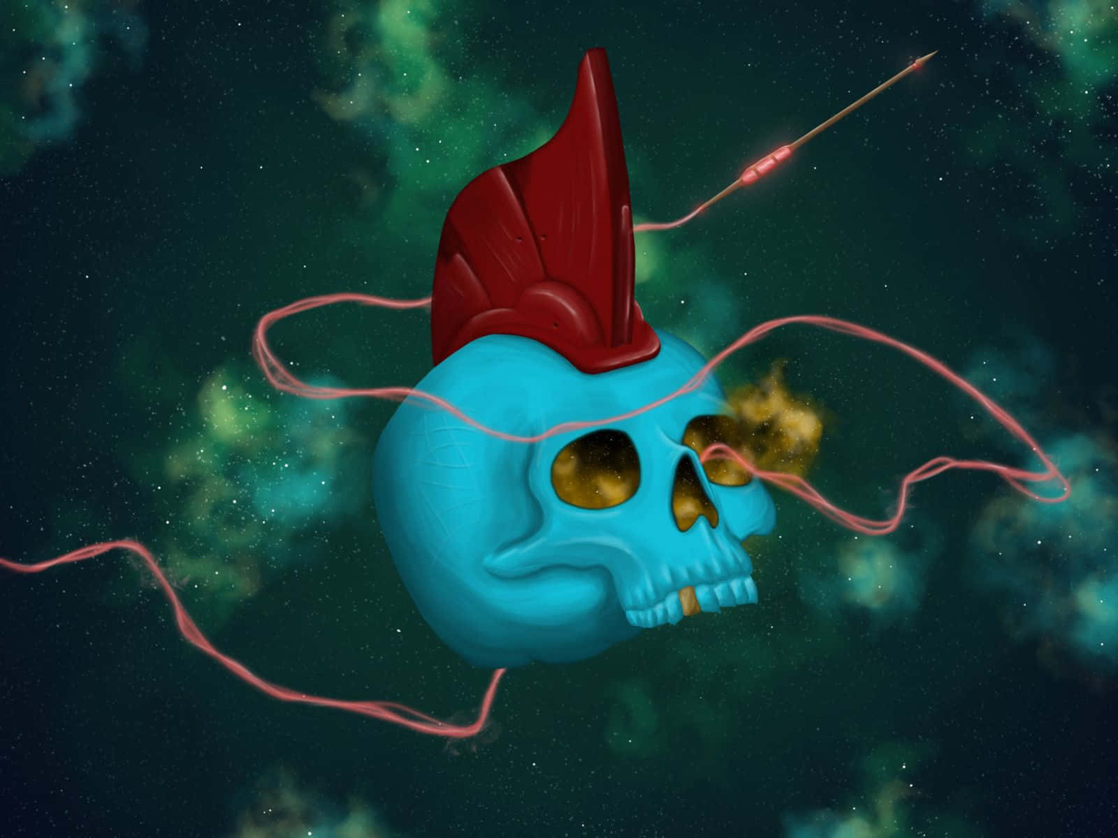Yondu 桌布 壁紙 — 一個發光的藍色骷髏頭，帶有紅色莫西乾頭，漂浮在繁星點點的宇宙星雲中，粉紅色的能量觸鬚在其周圍旋轉。