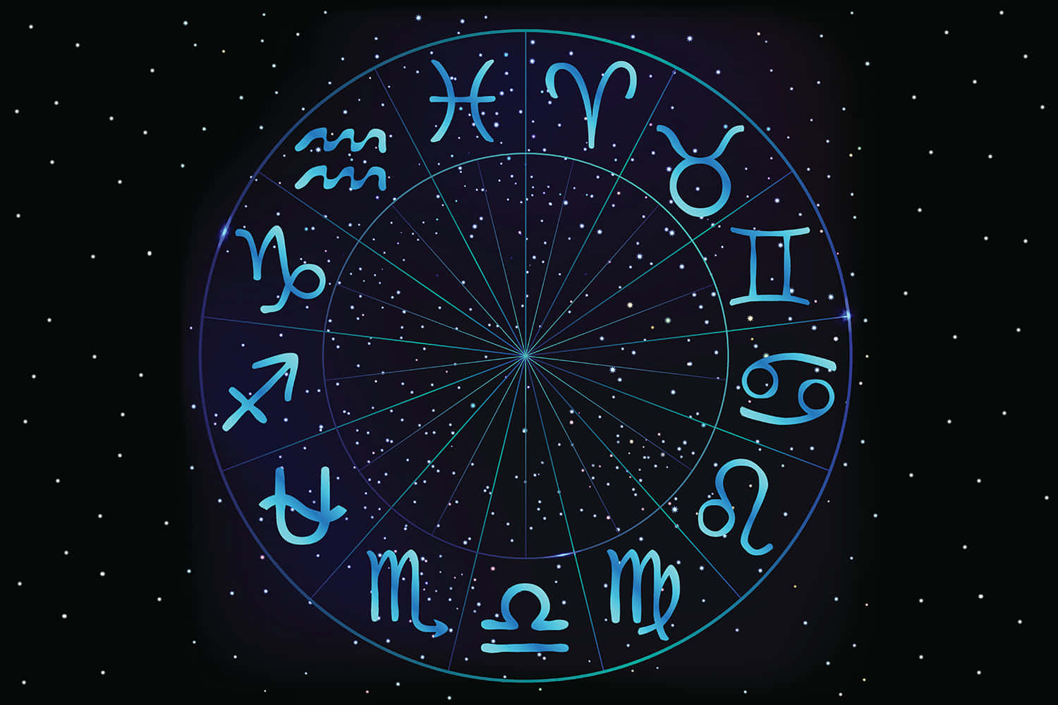 星座 桌布 壁紙 — 一個發光的藍色黃道輪，帶有所有十二個占星符號，在繁星點點的夜空中閃耀。