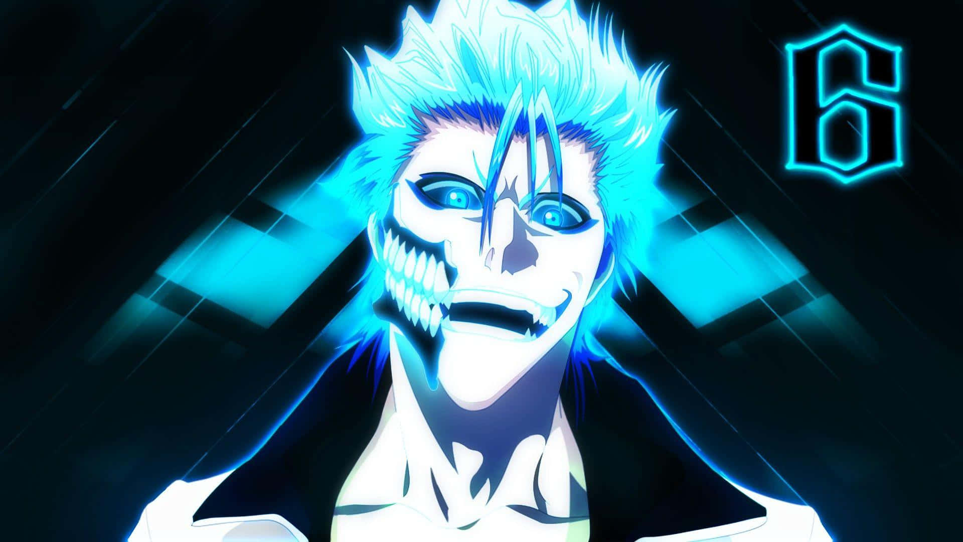 Grimmjow Jaegerjaquez 桌布 壁紙 — 一個發光的藍髮動漫角色，帶著骷髏般的笑容和尖銳的牙齒，在黑暗背景上，有霓虹藍色幾何形狀和一個發光的數字六，凝視著。