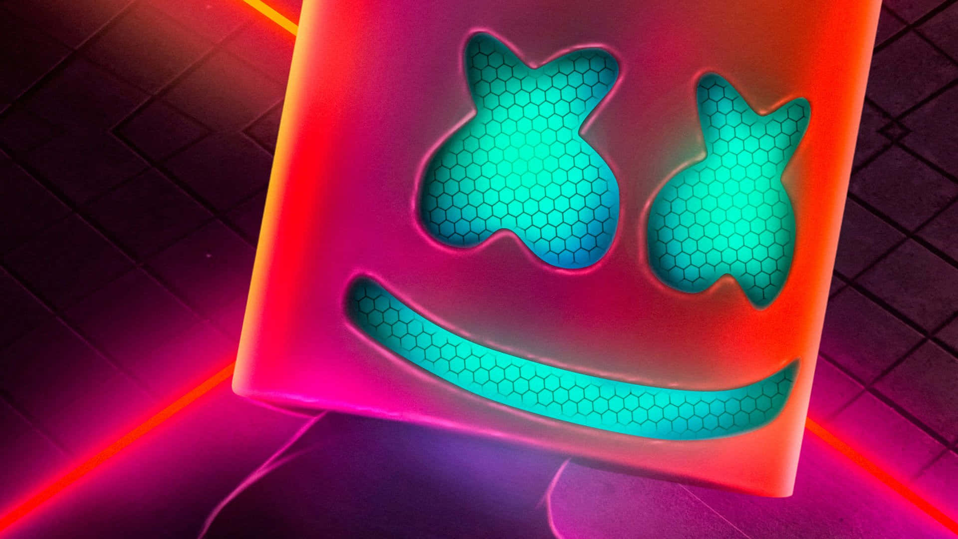 Marshmello 桌布 壁紙 — 一個發光的螢光粉紅立方體，帶有青色六邊形笑臉，在黑暗的瓷磚背景上漂浮，伴隨著充滿活力的光線條紋。