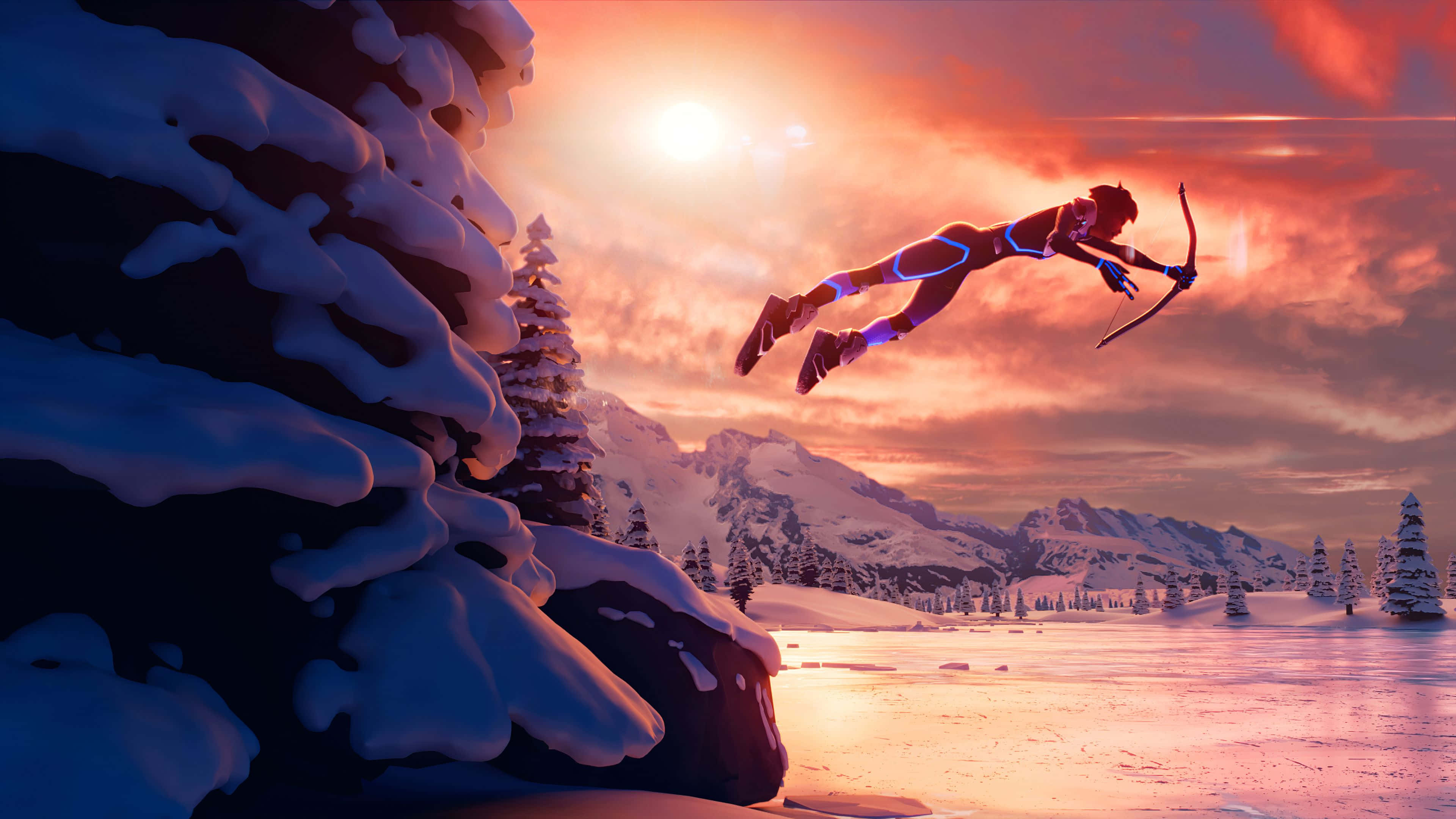The Project 桌布 壁紙 — 一個發光的身影在日落時分飛過白雪皚皚的山谷，在熾熱的橙色雲層上留下霓虹藍色的痕跡。