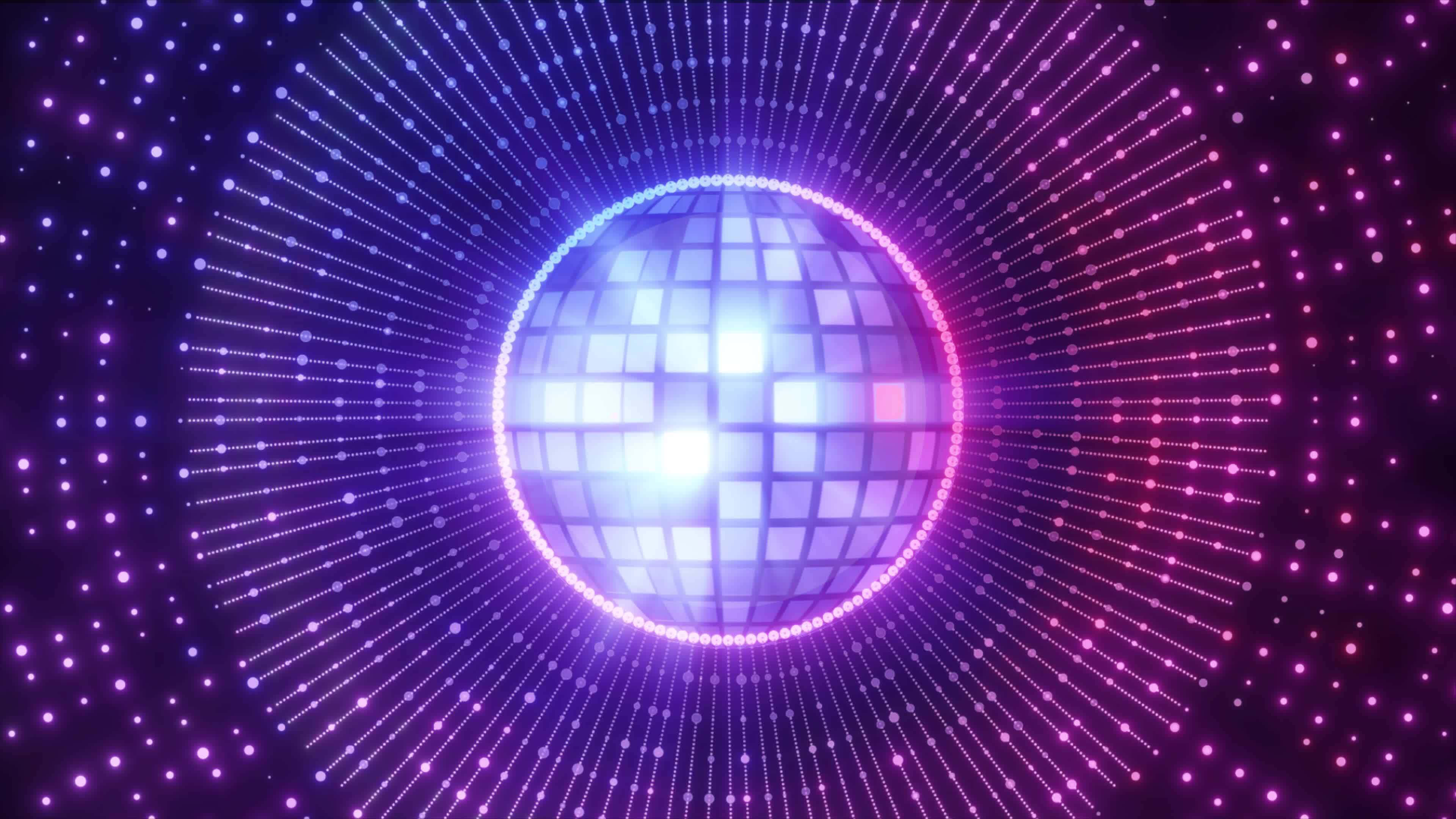 ball 桌布 壁紙 — 一個發光的迪斯科球在星空的數位背景下散發出充滿活力的紫色和藍色光芒。
