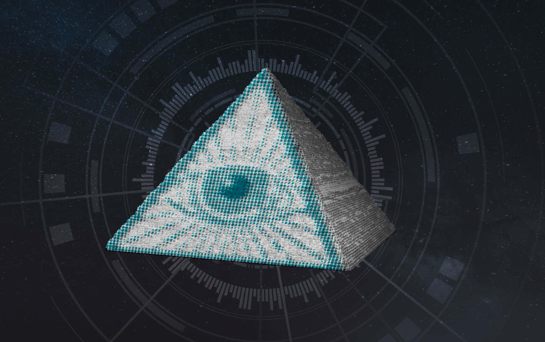 Illuminati 桌布 壁紙 — 一個發光的金字塔，帶有全視之眼符號，漂浮在星光閃爍的數碼界面背景上。