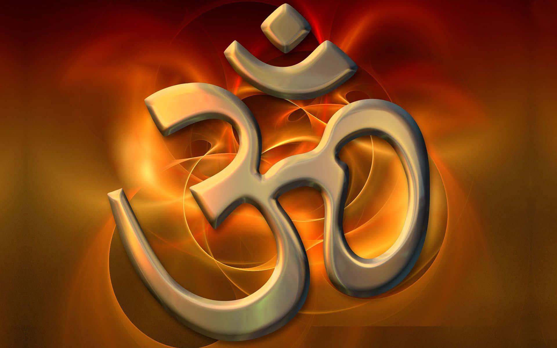 OM 桌布 壁紙 — 一個發光的金屬 Om 符號在旋轉的熾熱橙色和紅色背景中散發溫暖。
