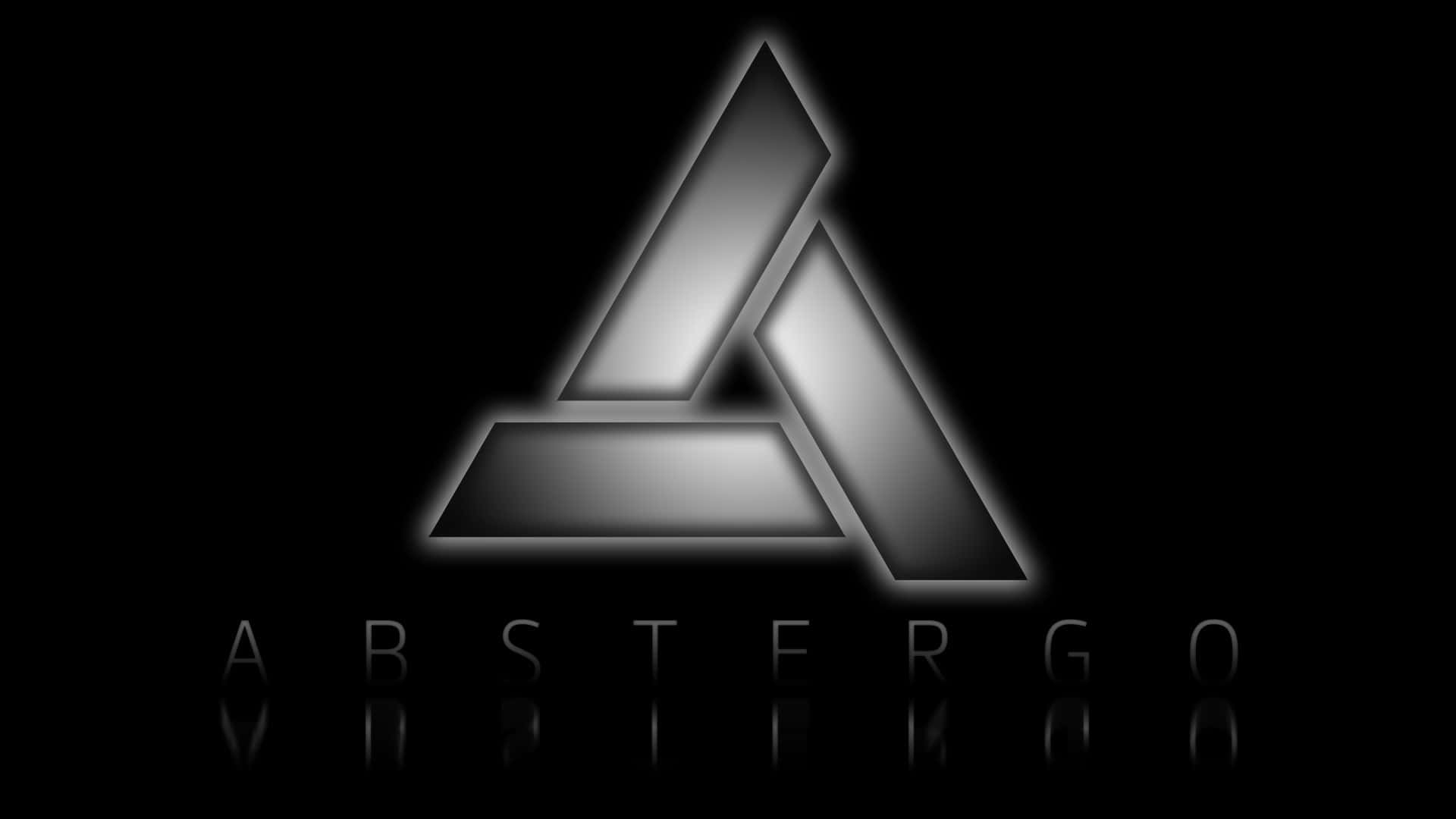 Abstergo 桌布 壁紙 — 一個發光的金屬三角形標誌，下方有「ABSTERGO」文字，背景為黑色。