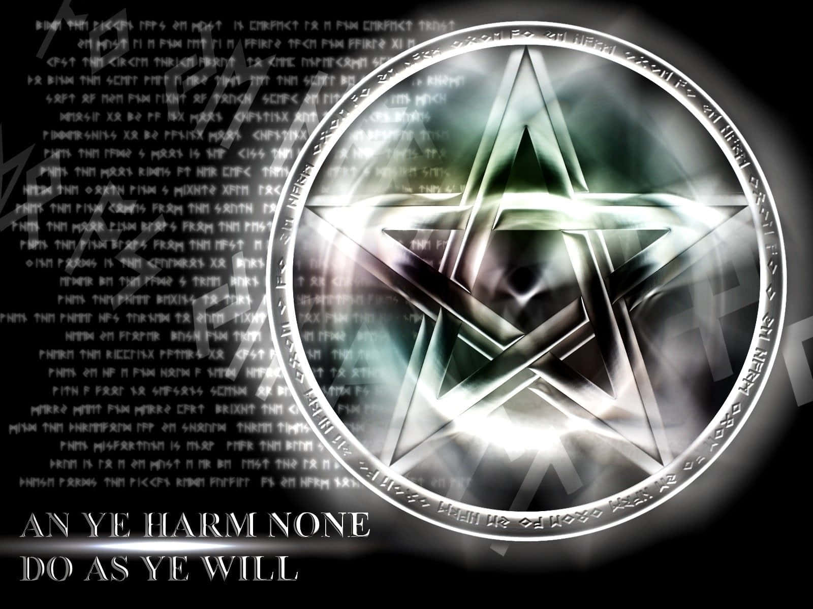 Occult 桌布 壁紙 — 一個發光的金屬五角星在圓形邊框內漂浮在充滿反轉文字和短語「AN YE HARM NONE DO AS YE WILL」的黑暗背景上。
