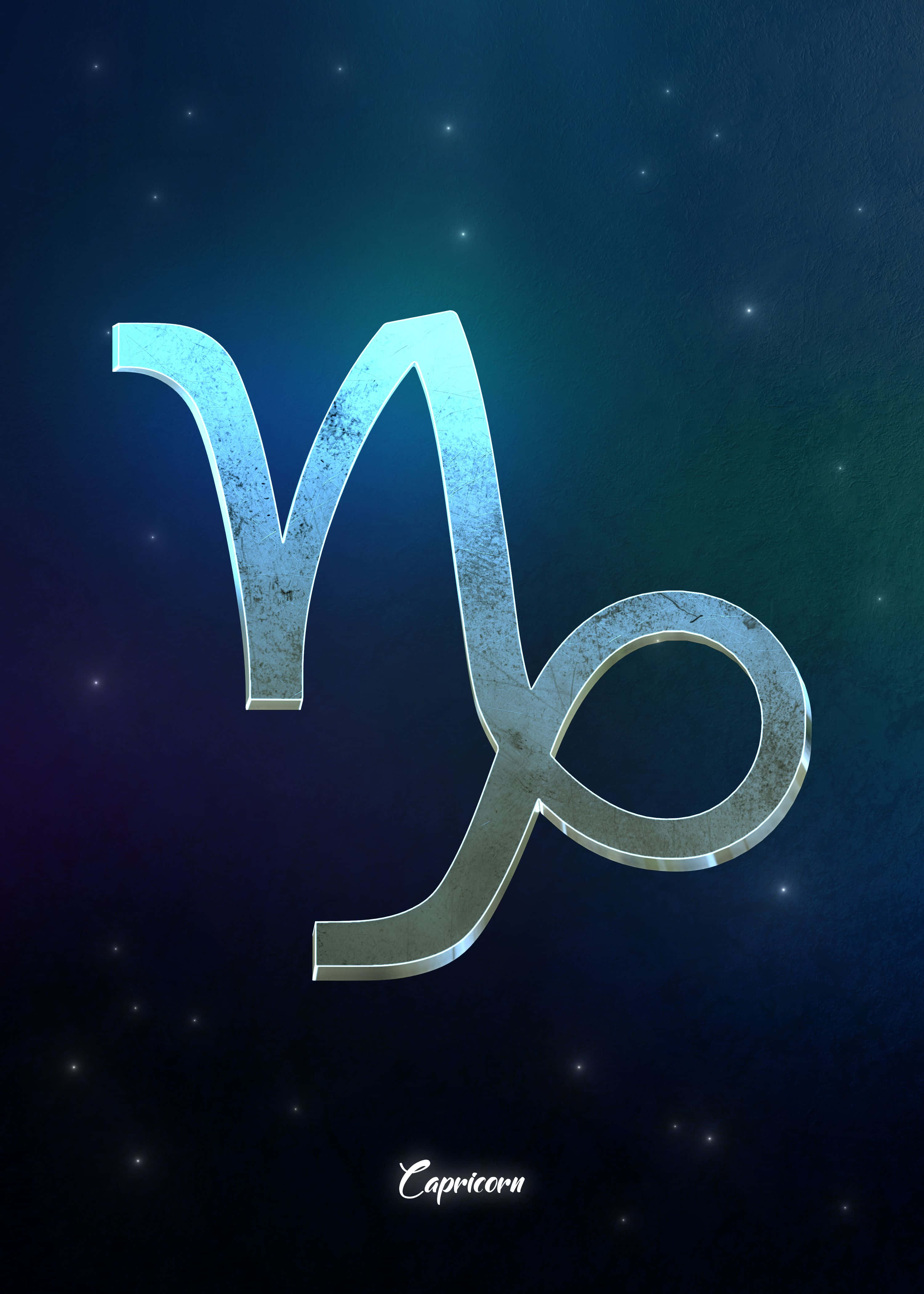 山羊座 桌布 壁紙 — 一個發光的金屬摩羯座星座符號漂浮在星空宇宙背景上，帶有藍色和藍綠色的漸變色調。
