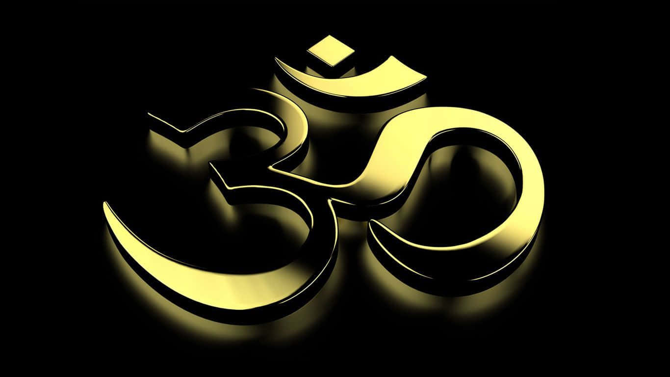 Om 桌布 壁紙 — 一個發光的金色 Om 符號，帶有銳利的高光和深邃的陰影，背景為純黑色。