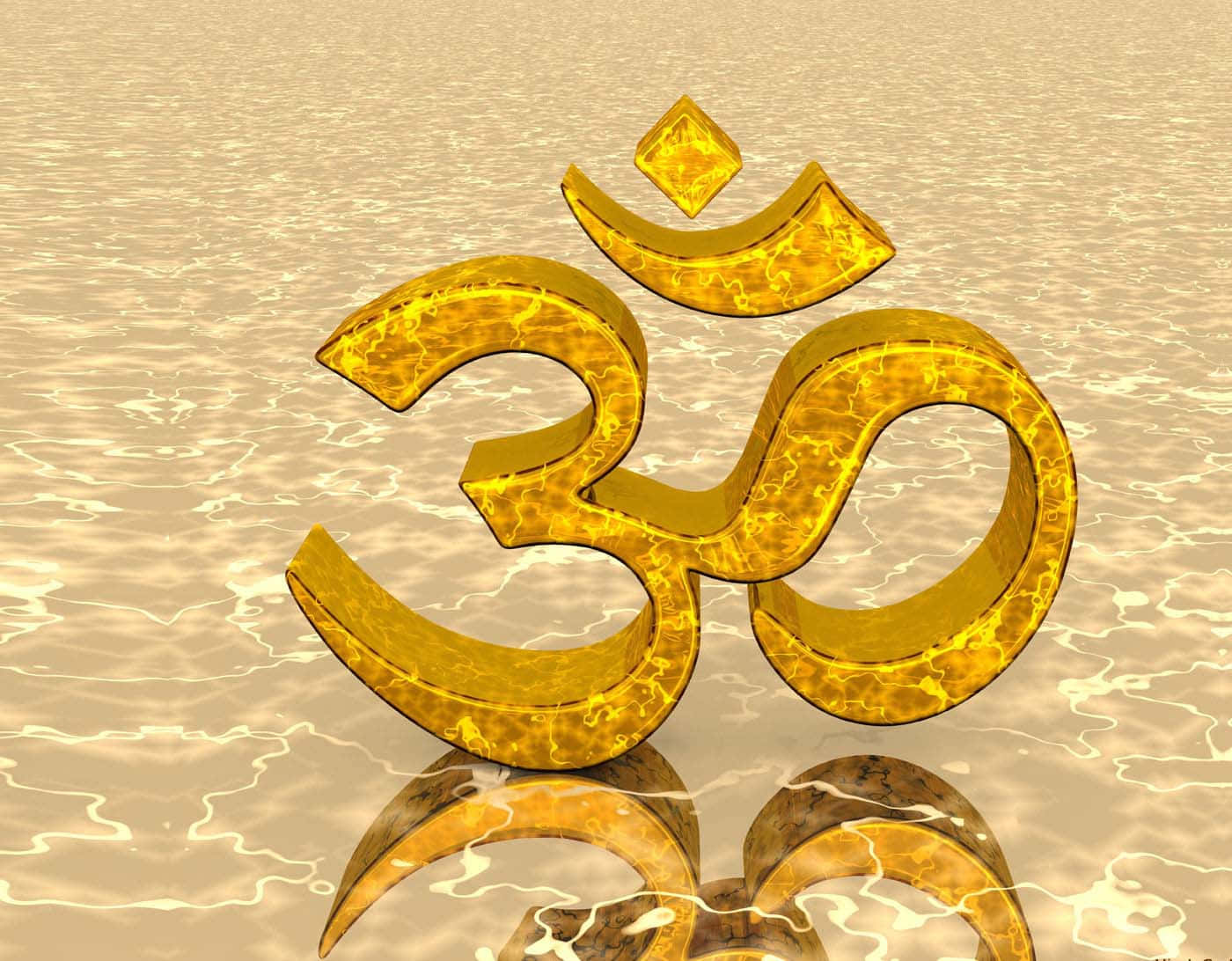 OM 桌布 壁紙 — 一個發光的金色Om符號靜靜地漂浮在漣漪的水面上，下方有閃爍的倒影。