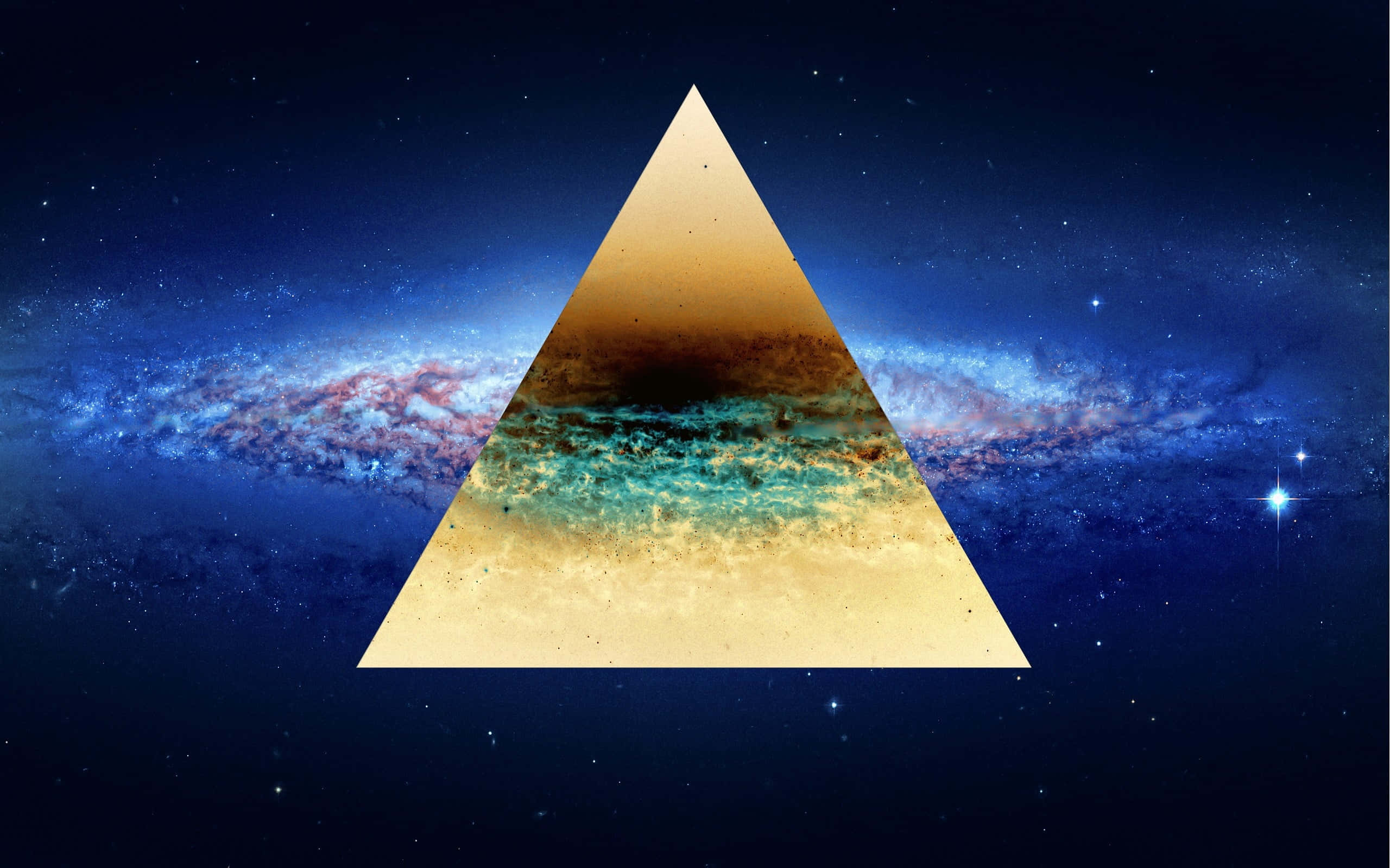 Galaxy Poster 桌布 壁紙 — 一個發光的金色三角形框住了一個宇宙星雲，背景是繁星點點的深藍色星系。