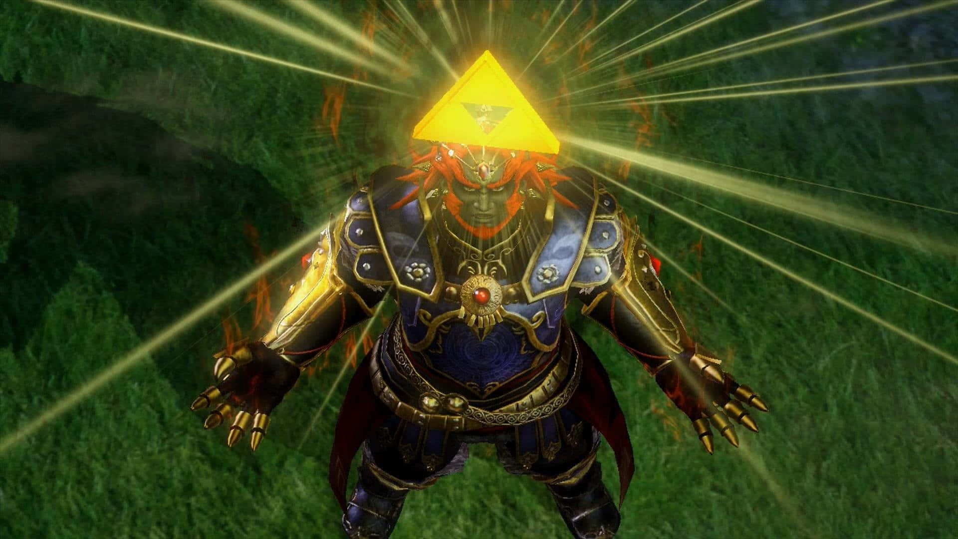 The Legend Of Zelda Hyrule 桌布 壁紙 — 一個發光的金色三角形頭戰士，身穿華麗的藍色和金色盔甲，站在綠色草地上，頭部散發出耀眼的光芒。